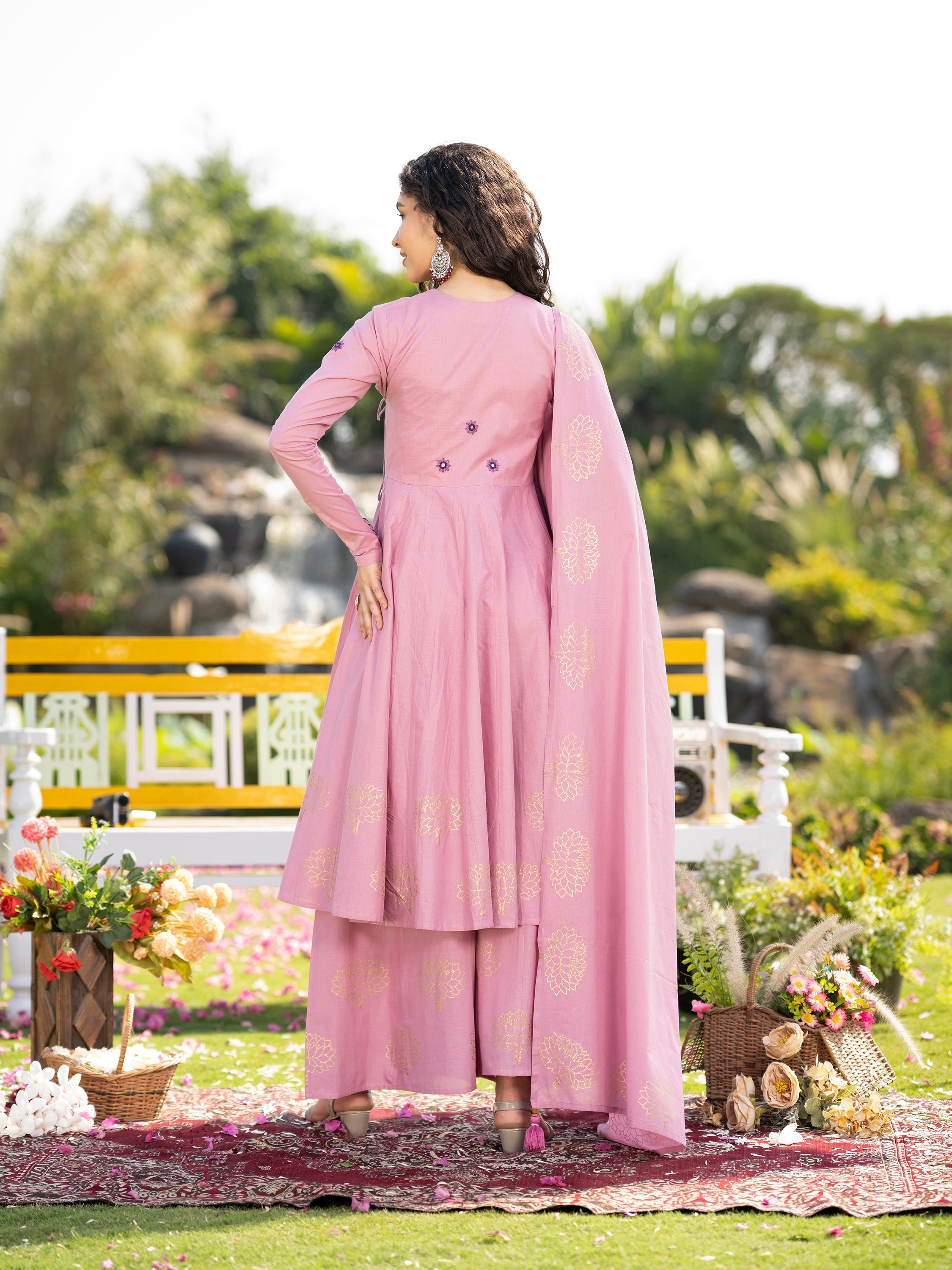Lavender Blockprint Handwork Pure Mul Cotton Kurta set