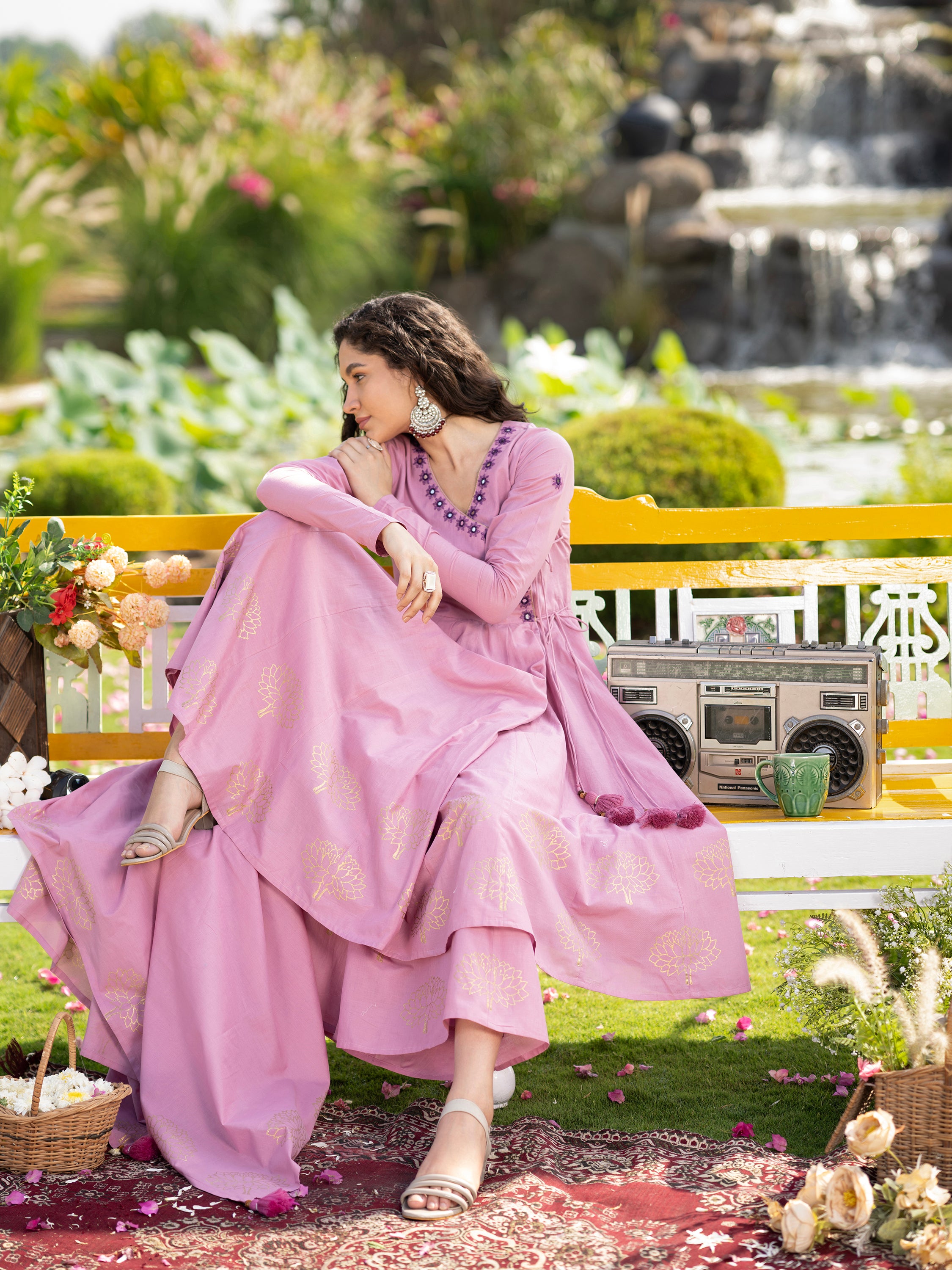 Lavender Blockprint Handwork Pure Mul Cotton Kurta set