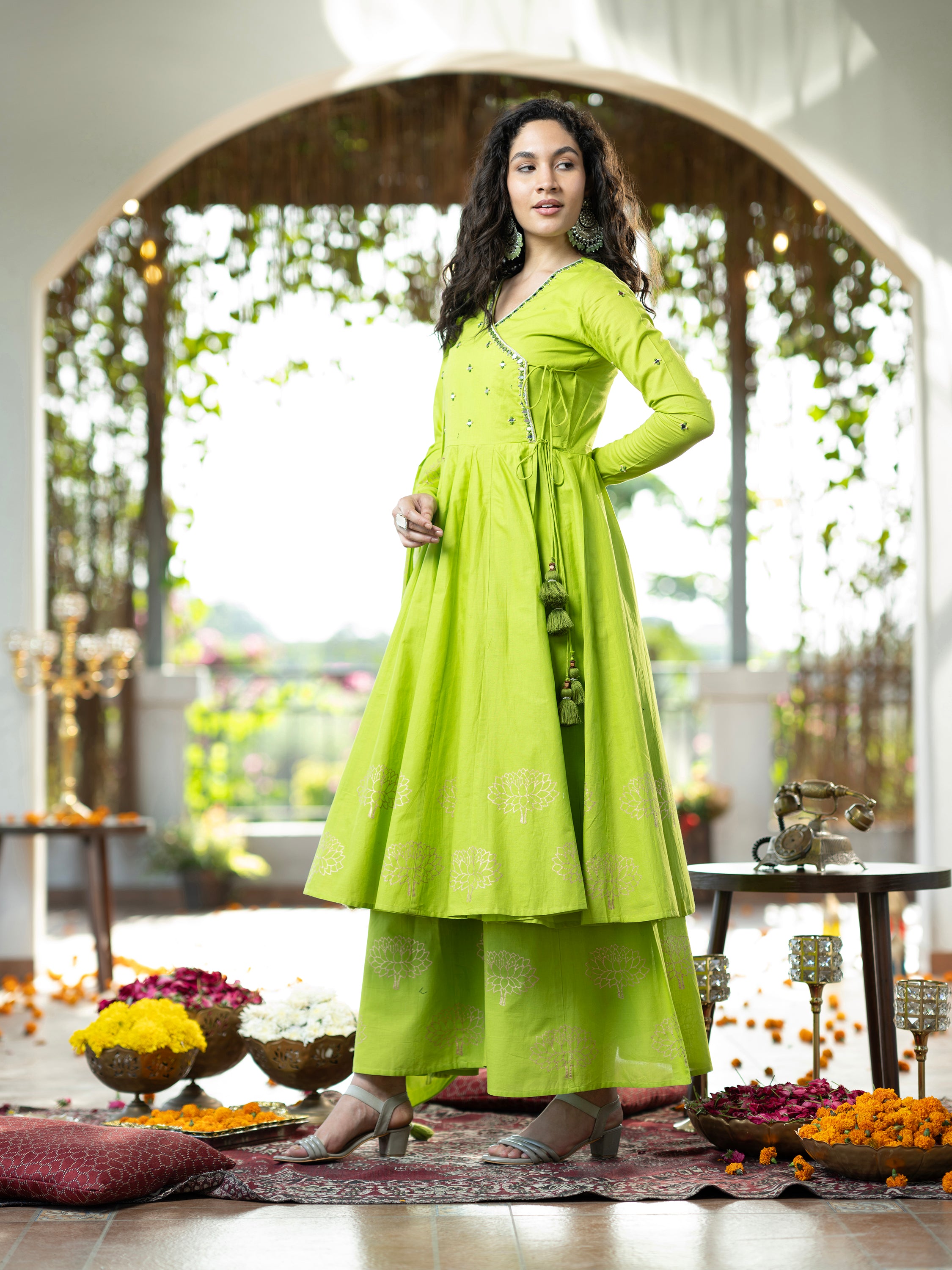 Parrot green Blockprint Handwork Pure Mul Cotton Kurta set