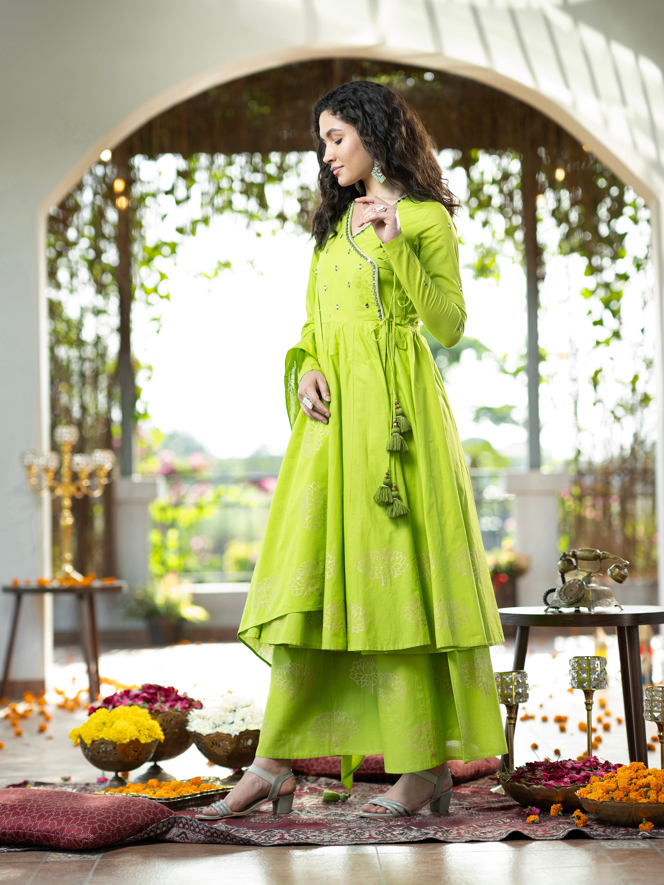 Parrot green Blockprint Handwork Pure Mul Cotton Kurta set