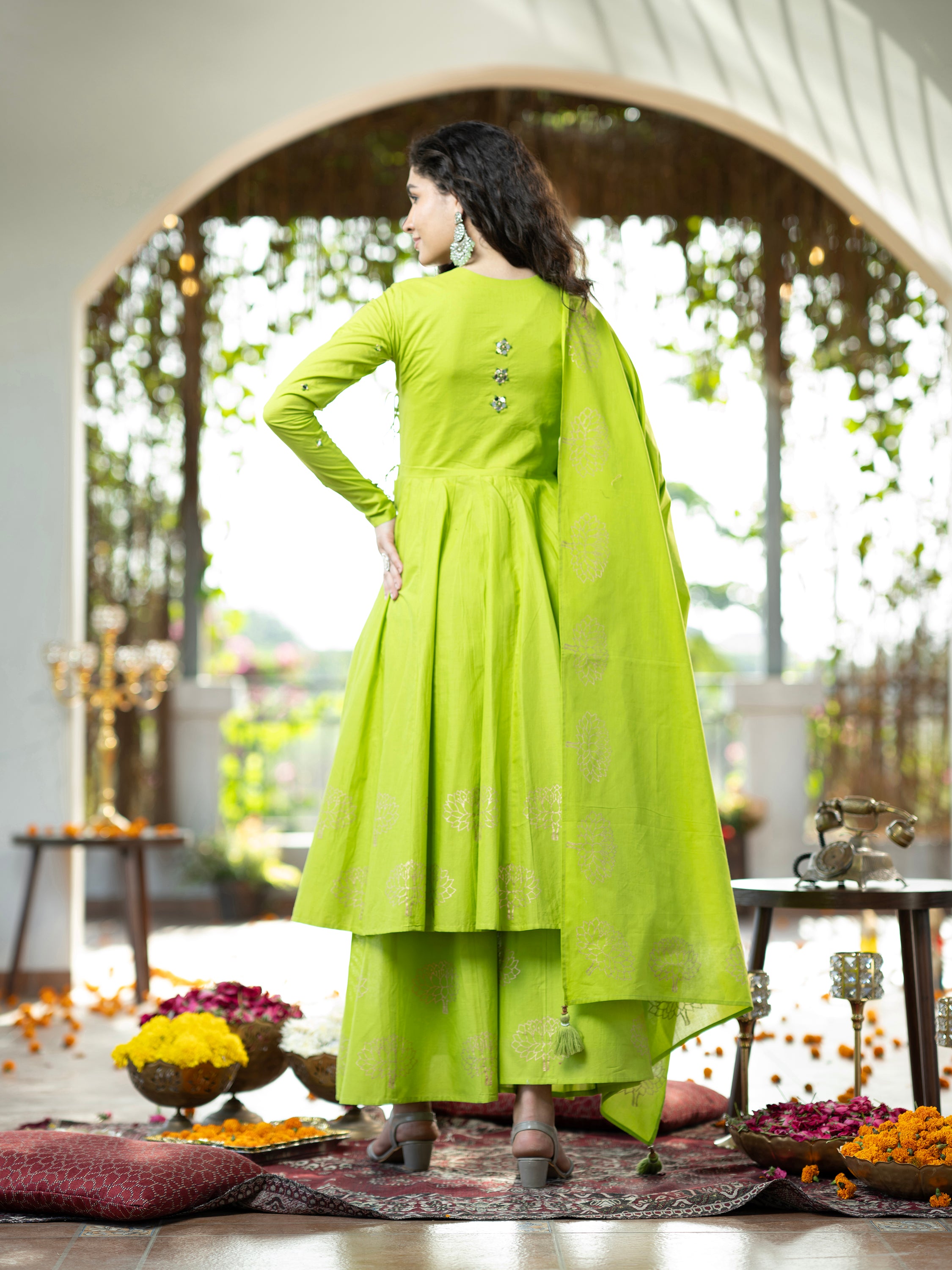 Parrot green Blockprint Handwork Pure Mul Cotton Kurta set