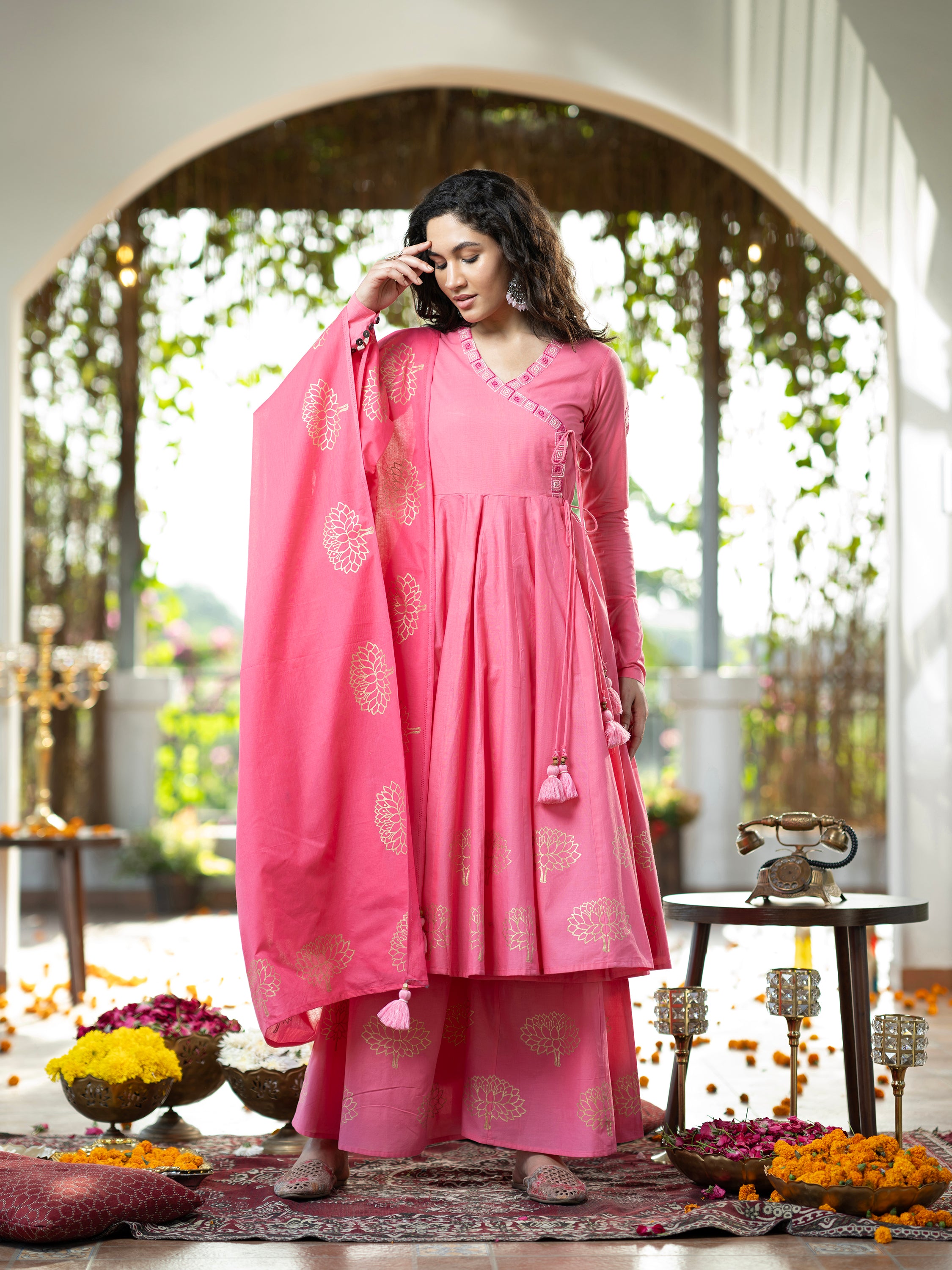Pink Blockprint Handwork Pure Mul Cotton Kurta set