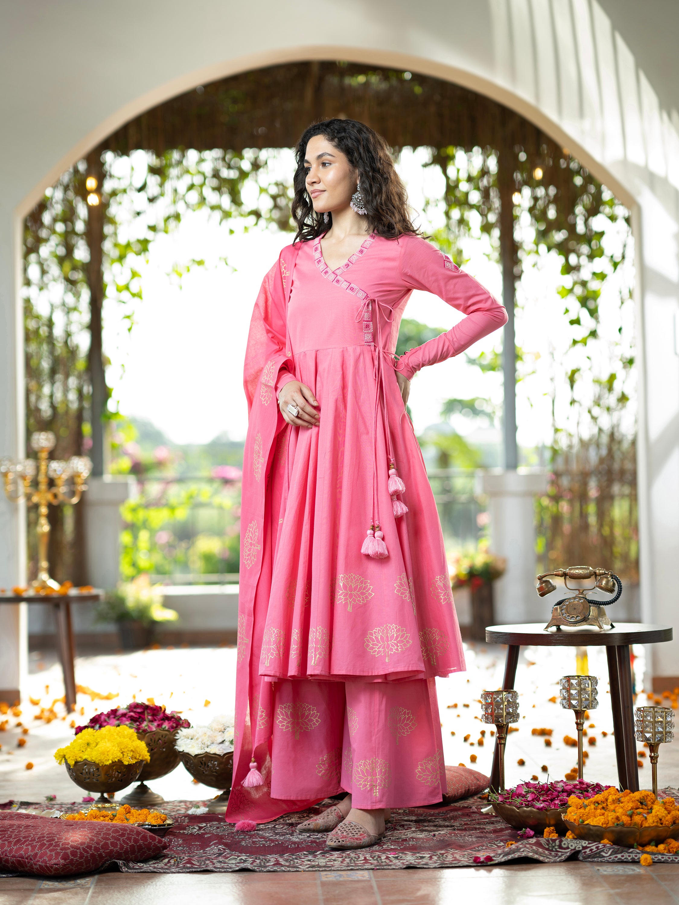 Pink Blockprint Handwork Pure Mul Cotton Kurta set