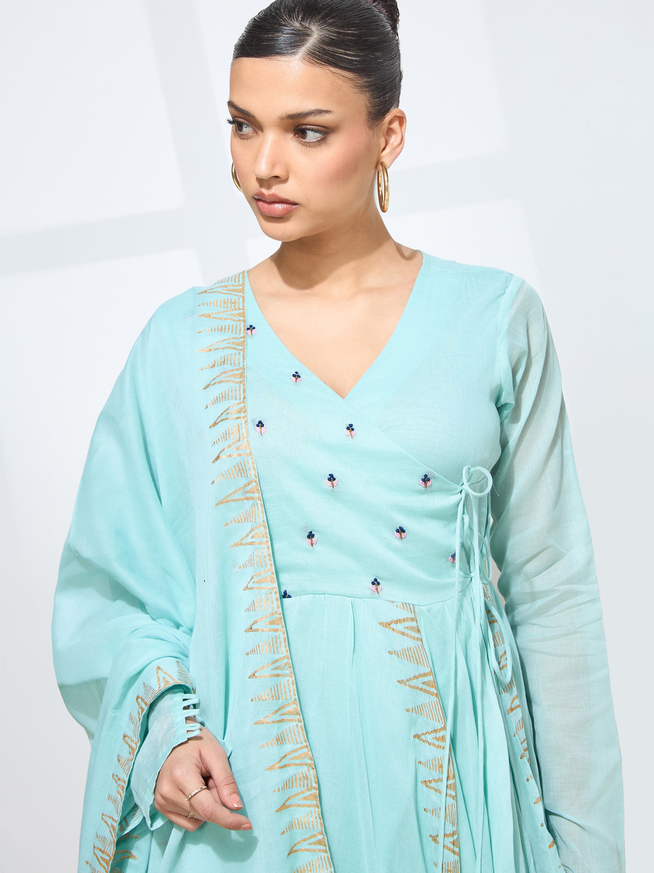 Graceful Green Blockprint Handwork Mul cotton Kurta set