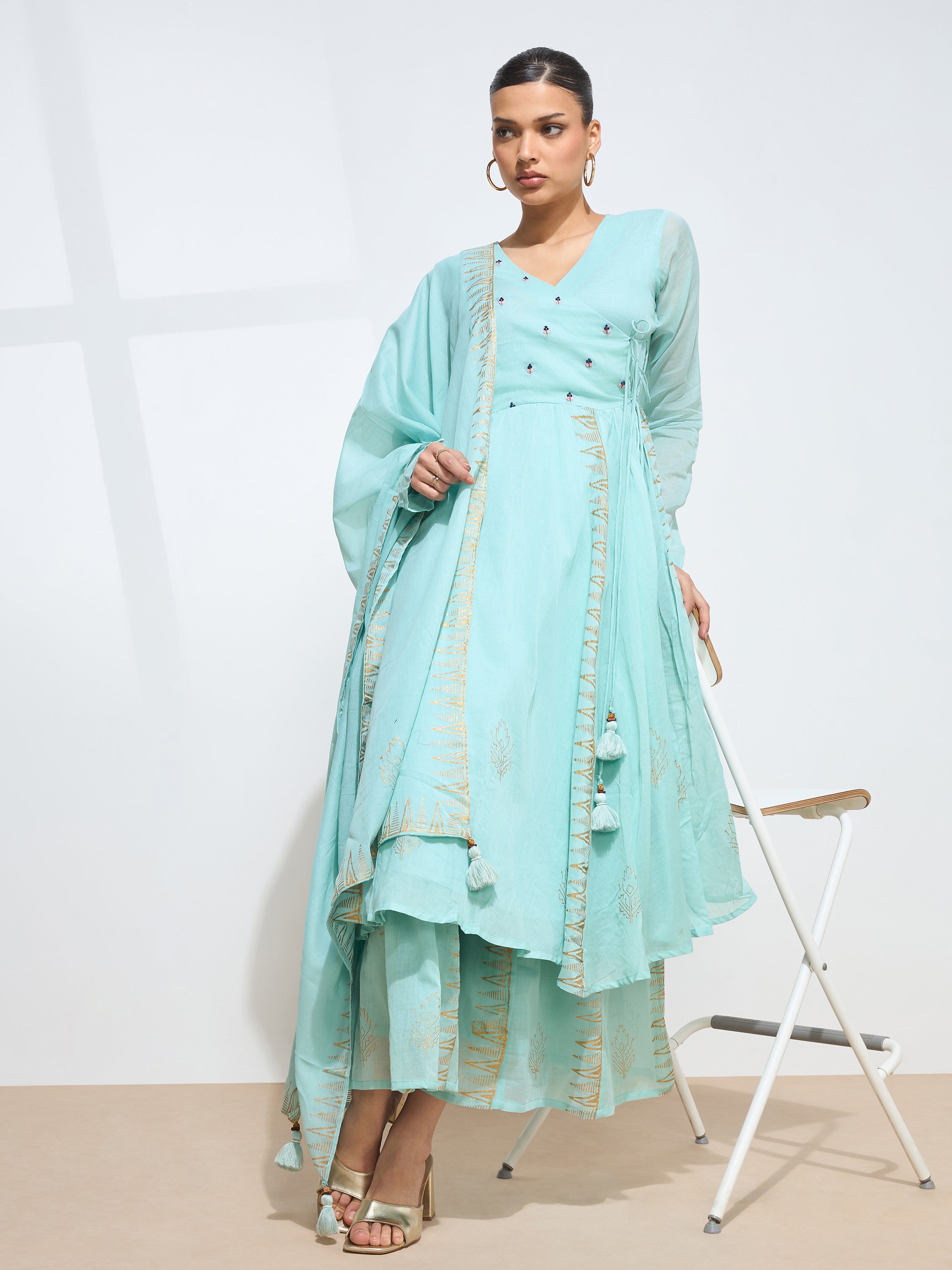 Graceful Green Blockprint Handwork Mul cotton Kurta set