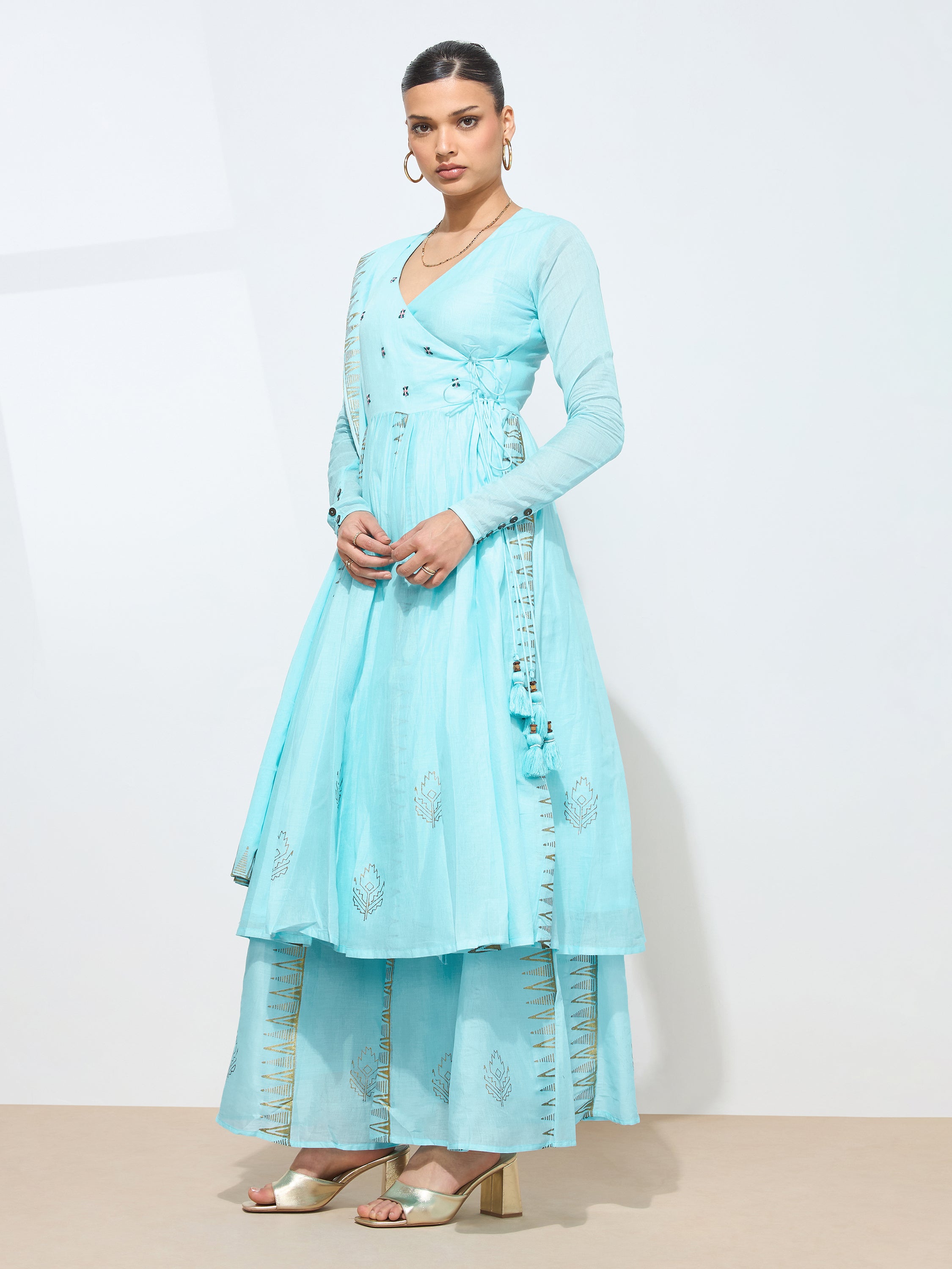 Graceful Light Blue Blockprint Handwork Mul cotton Kurta set