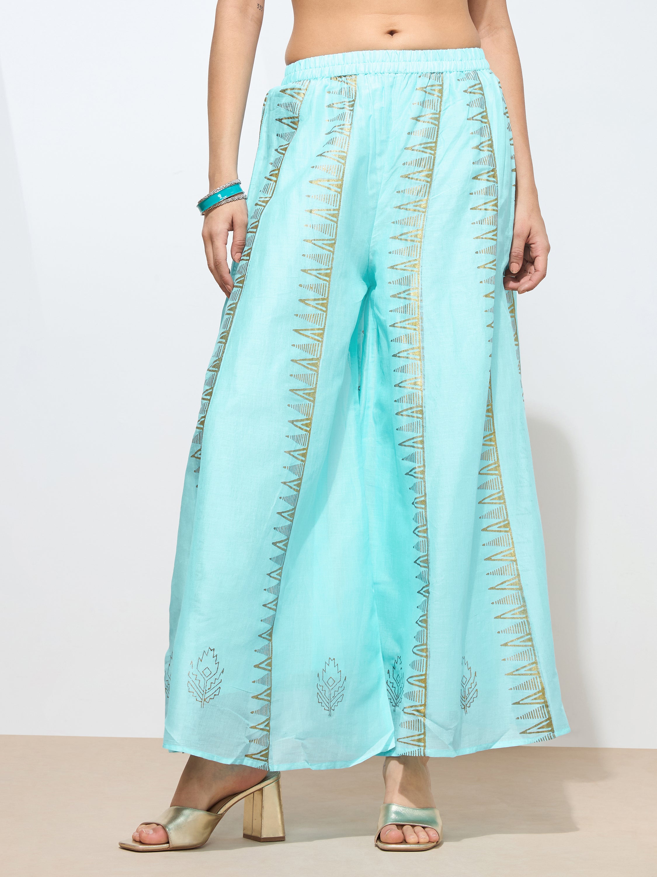 Graceful Light Blue Blockprint Handwork Mul cotton Kurta set