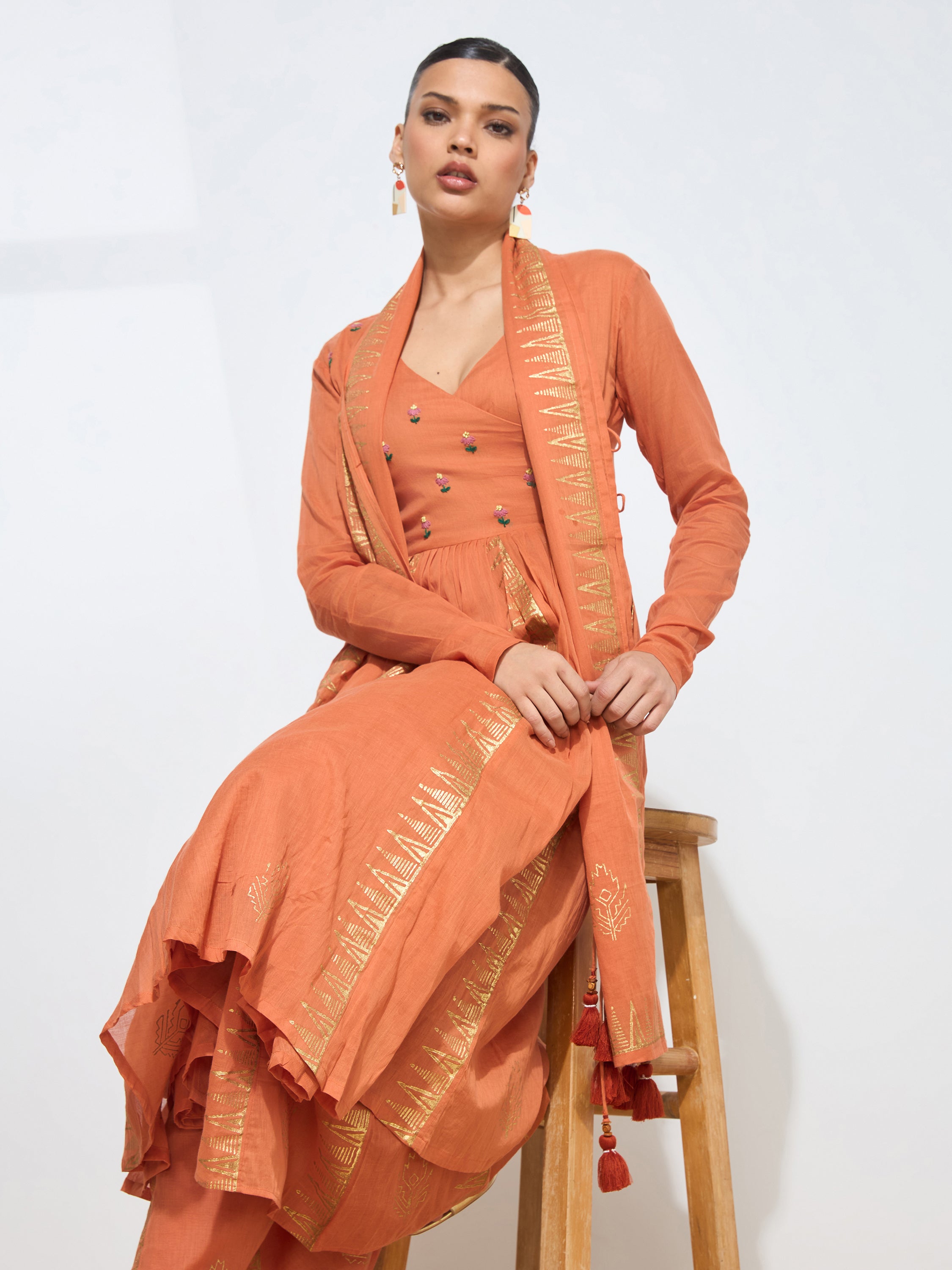 Graceful Rust Blockprint Handwork Mul cotton Kurta set