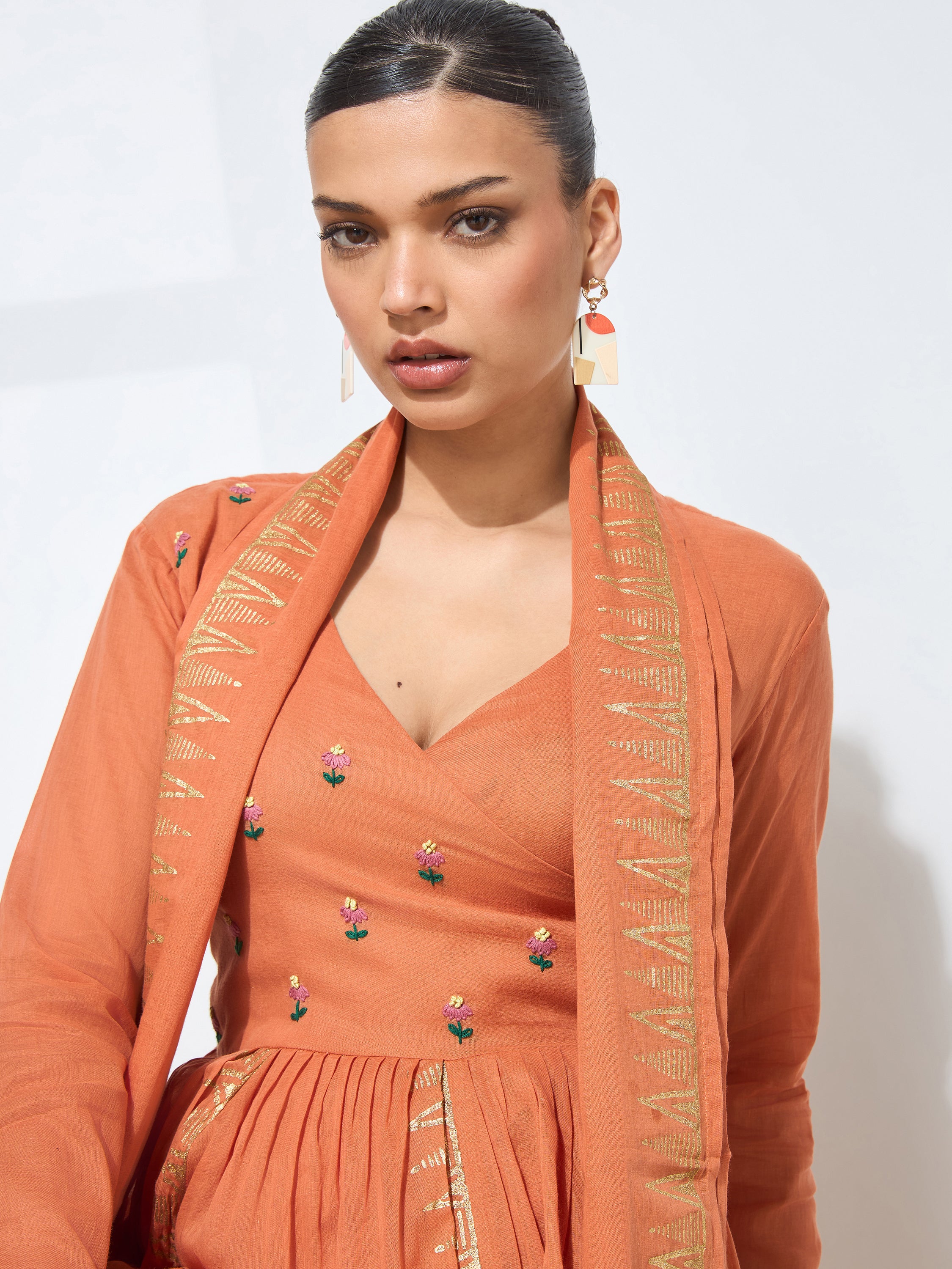 Graceful Rust Blockprint Handwork Mul cotton Kurta set