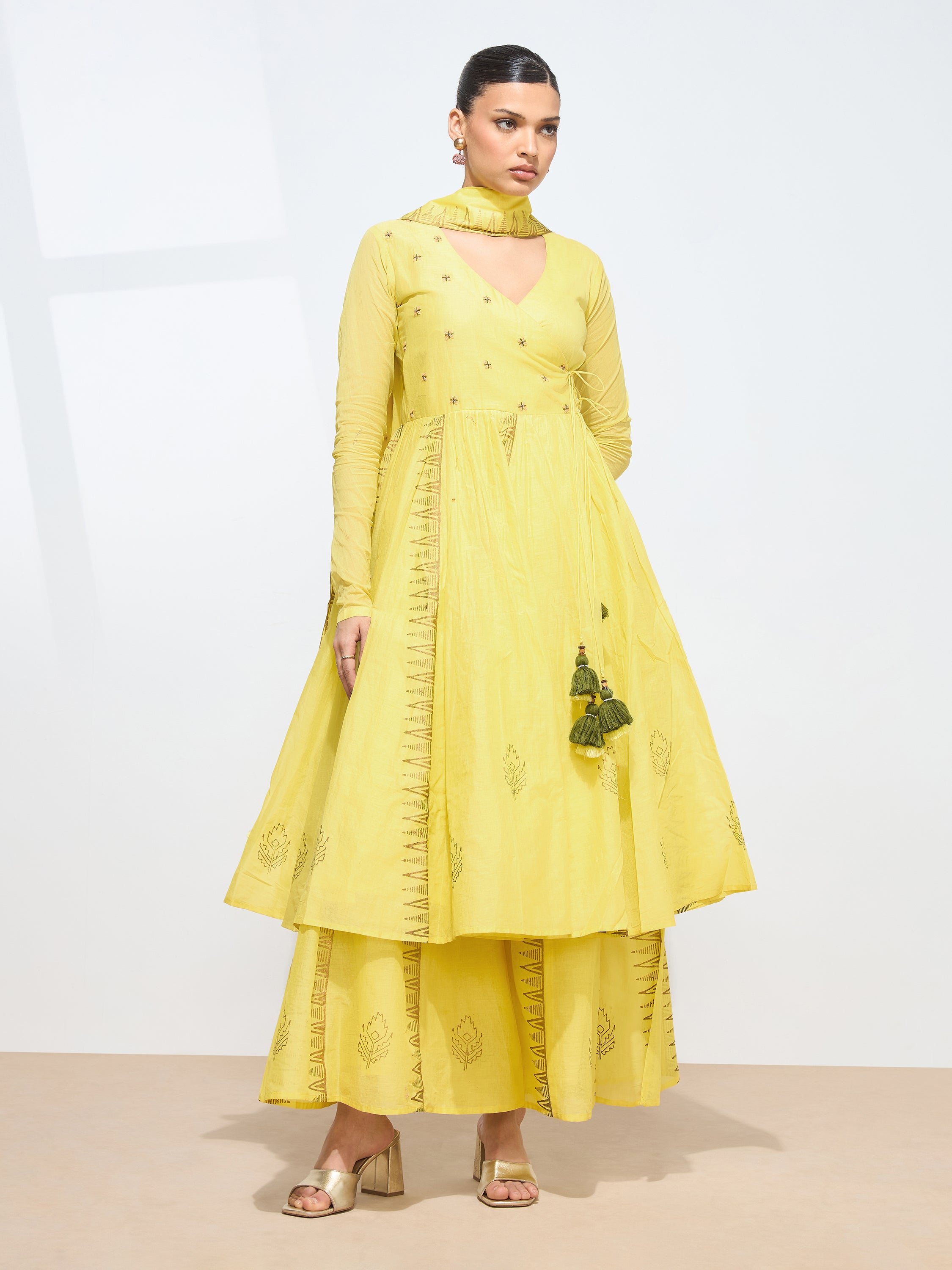 Graceful Yellow Blockprint Handwork Mul cotton Kurta set