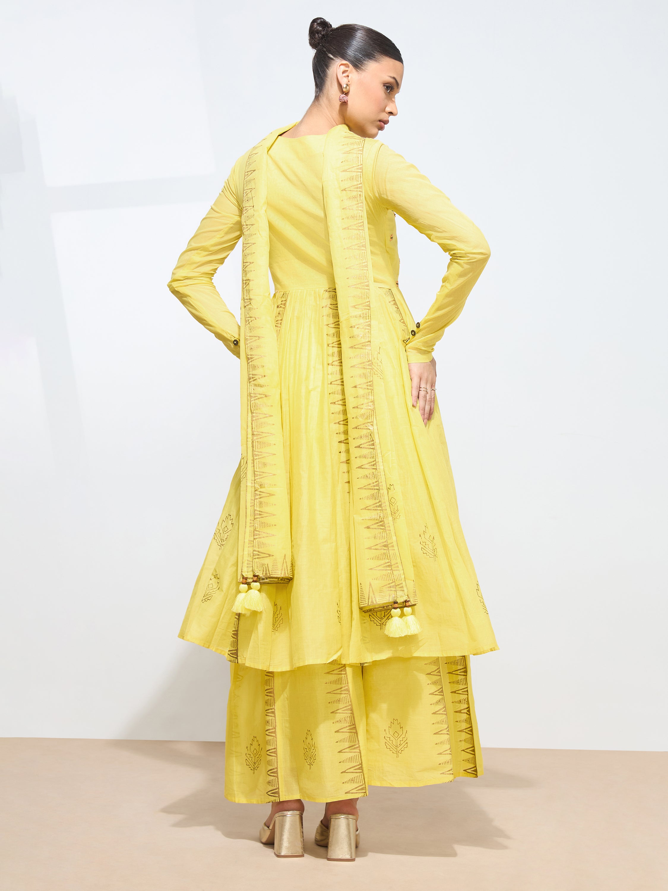 Graceful Yellow Blockprint Handwork Mul cotton Kurta set