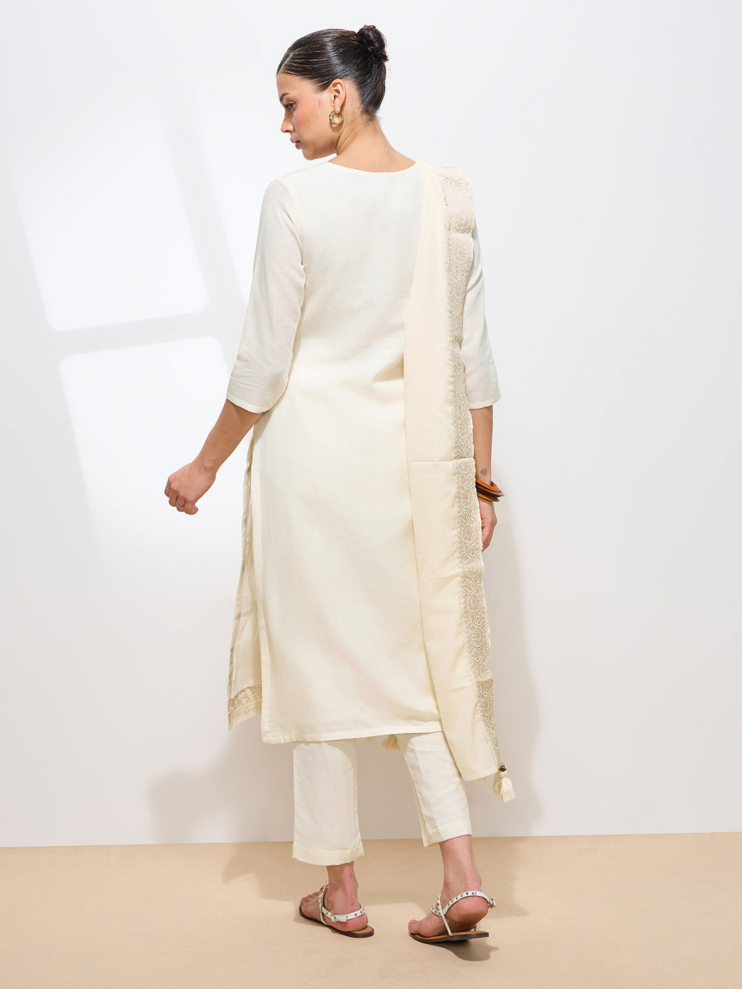Graceful Off White Floral Printed Pure Cotton Kurta set
