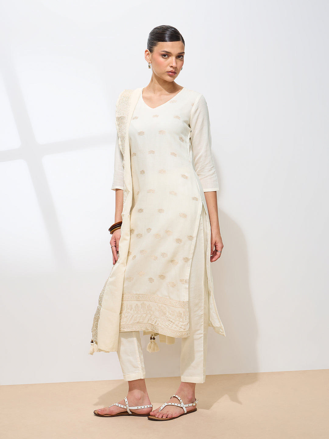 Graceful Off White Floral Printed Pure Cotton Kurta set