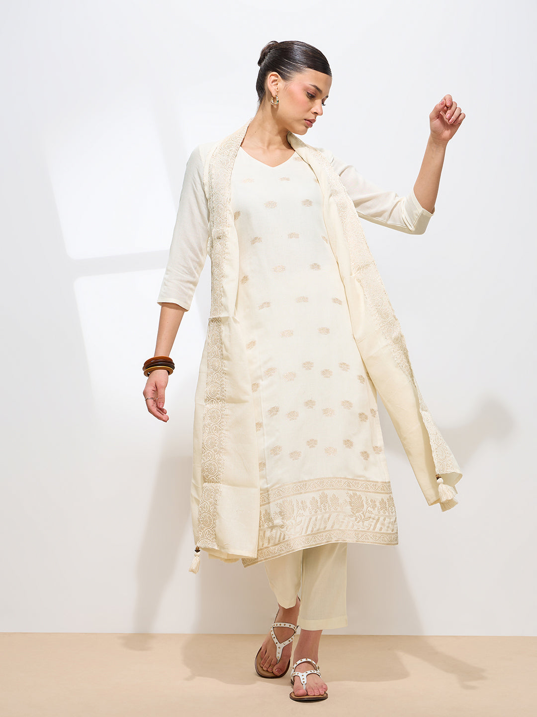 Graceful Off White Floral Printed Pure Cotton Kurta set