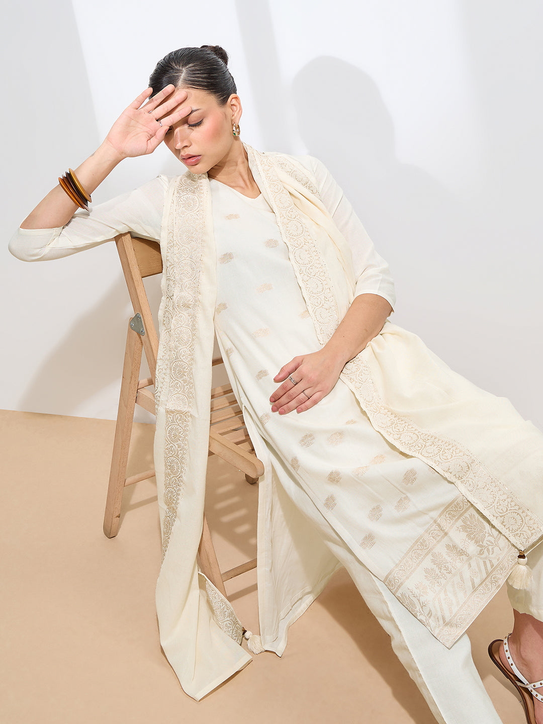 Graceful Off White Floral Printed Pure Cotton Kurta set