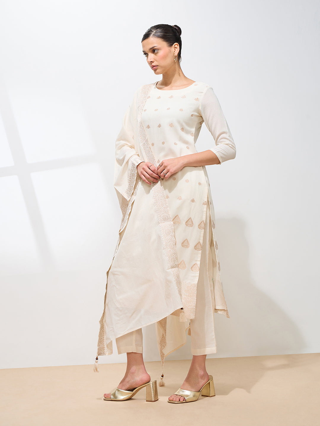 Graceful Off White Floral Printed Pure Cotton Kurta set