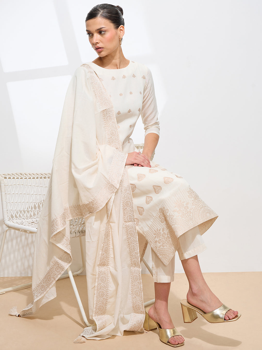 Graceful Off White Floral Printed Pure Cotton Kurta set