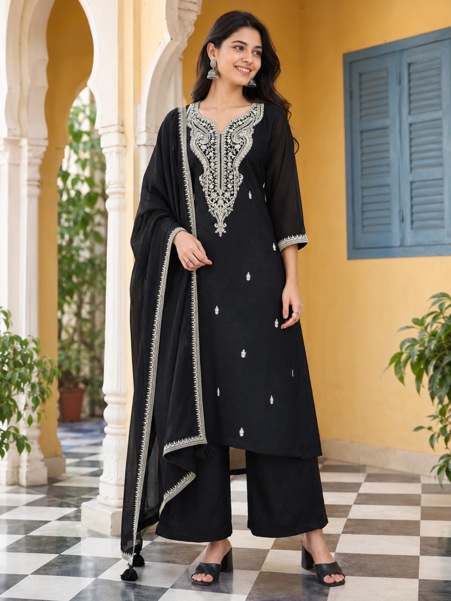 Graceful Black Floral Embroidery Silk Blend Kurta set