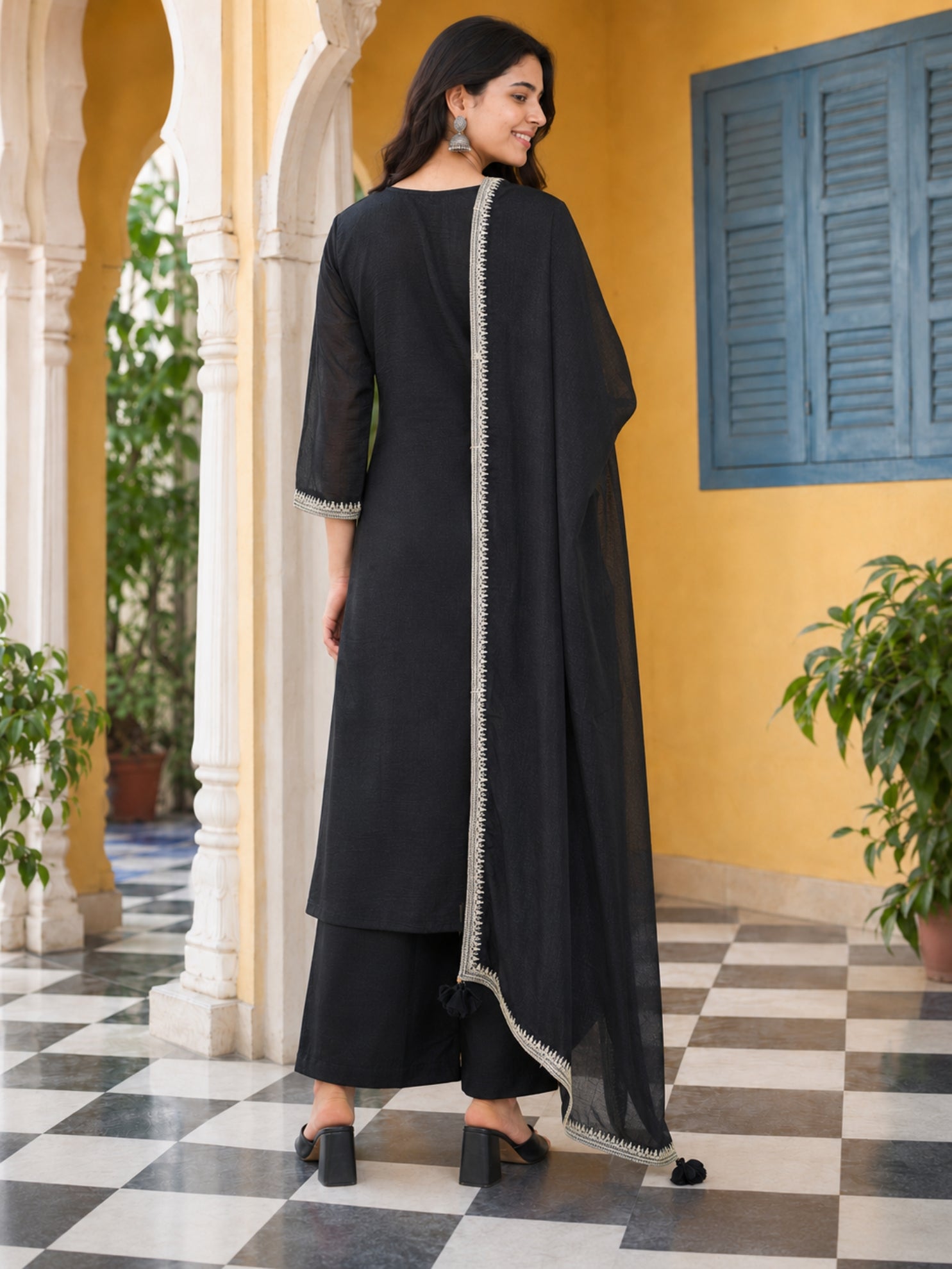 Graceful Black Floral Embroidery Silk Blend Kurta set