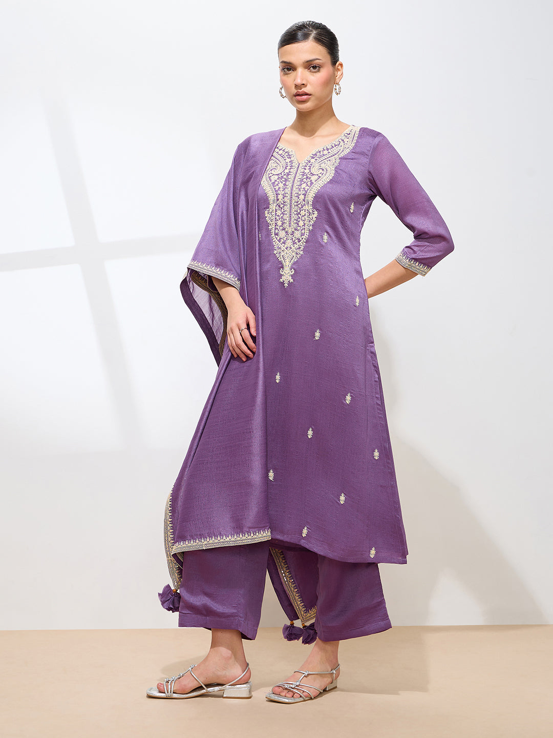 Graceful Lavender Floral Embroidery Silk Blend Kurta set