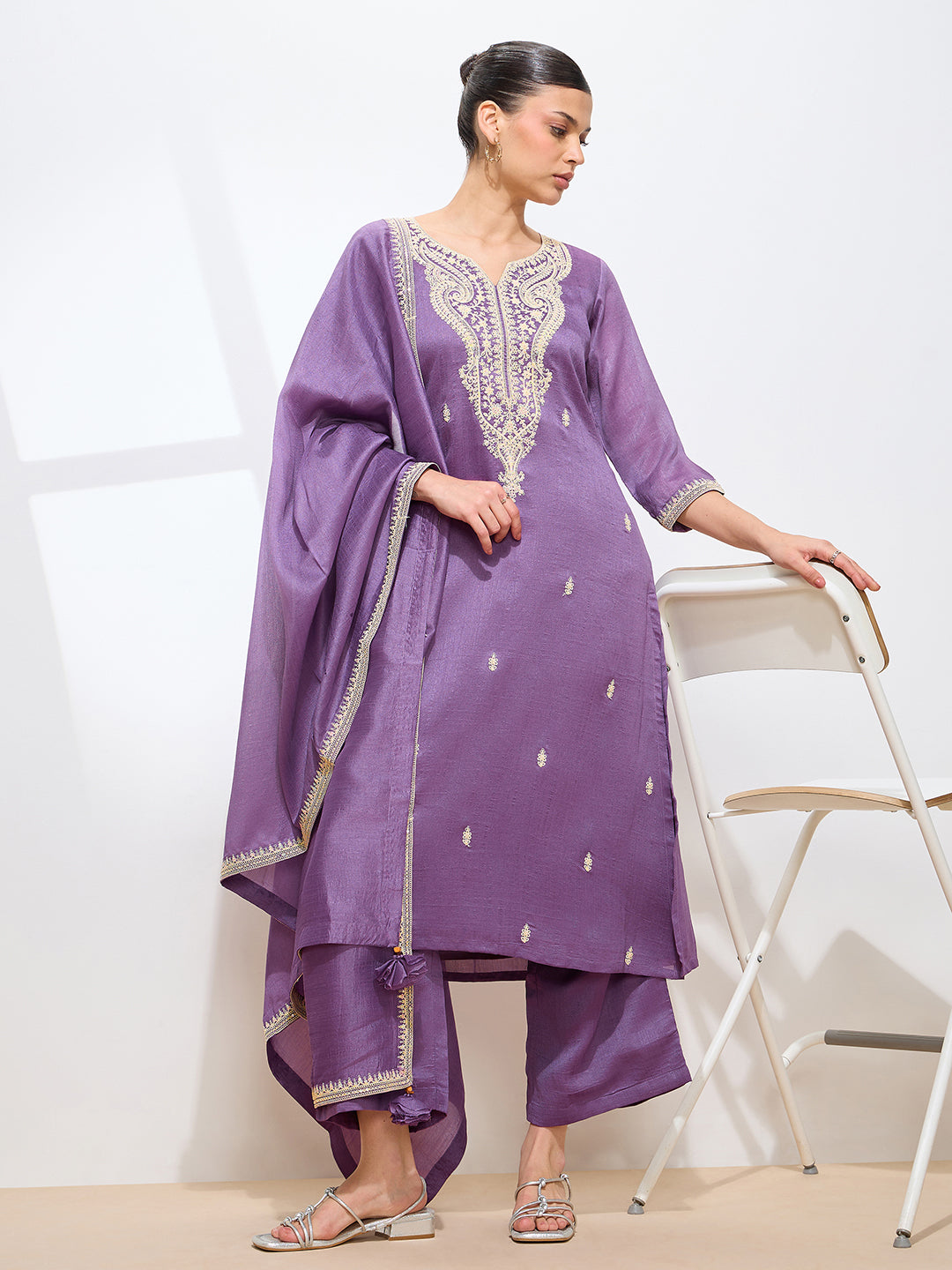Graceful Lavender Floral Embroidery Silk Blend Kurta set