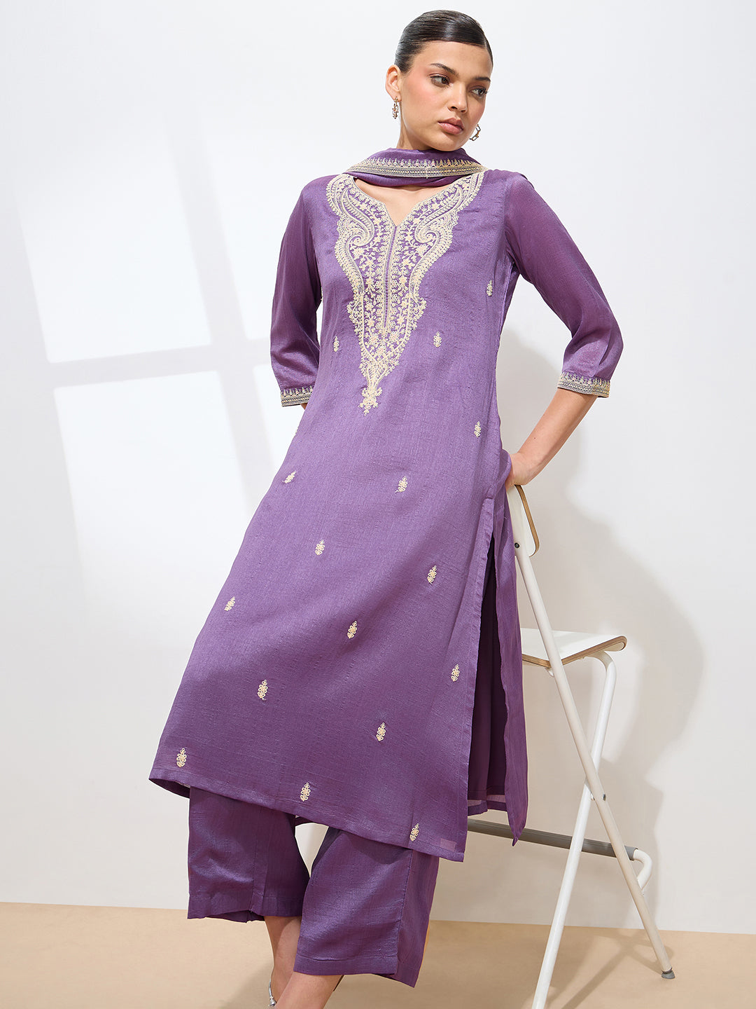 Graceful Lavender Floral Embroidery Silk Blend Kurta set
