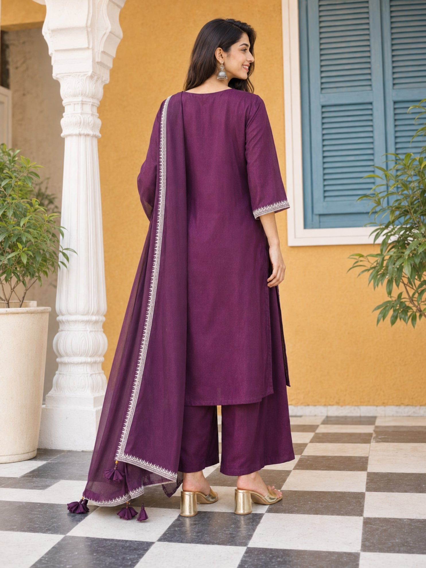 Graceful Wine Floral Embroidery Silk Blend Kurta set