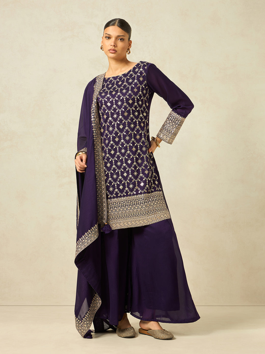 Women Purple Ethnic Motifs Zari Embroidered Kurta Set with Palazzo & Dupatta