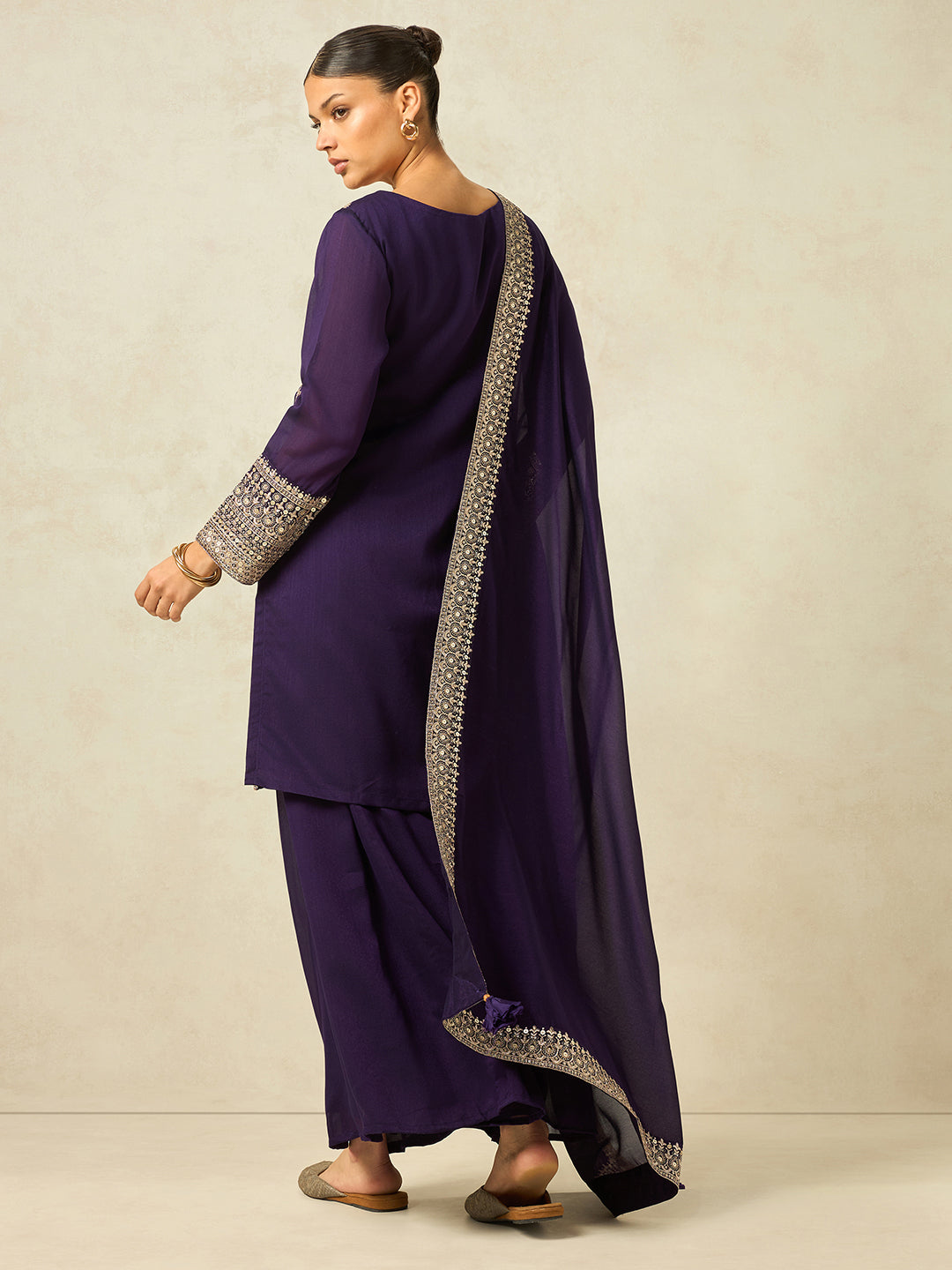 Women Purple Ethnic Motifs Zari Embroidered Kurta Set with Palazzo & Dupatta