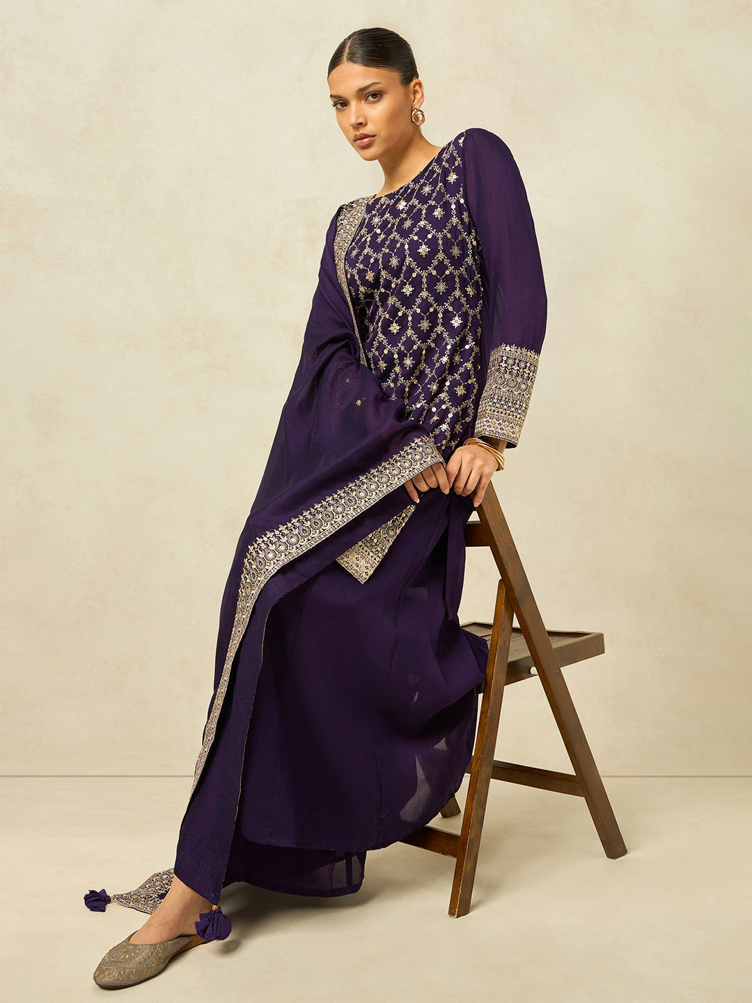 Women Purple Ethnic Motifs Zari Embroidered Kurta Set with Palazzo & Dupatta