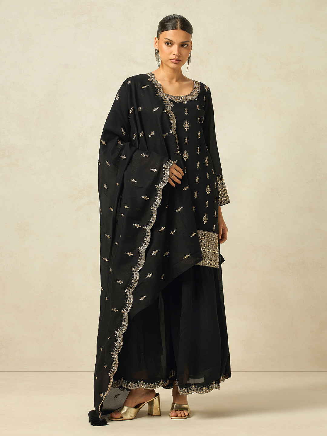 Women's Black Silk Blend Embroidered Sharara set with dupatta , Straight Kurta Sharara Set with Dupatta