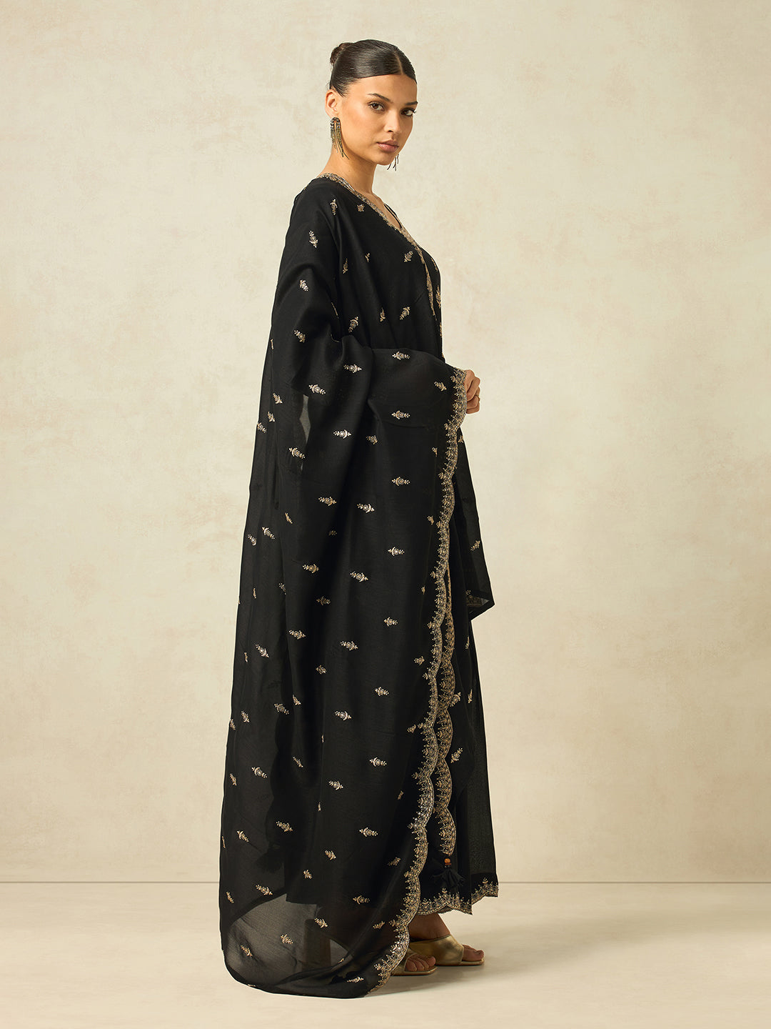 Women's Black Silk Blend Embroidered Sharara set with dupatta , Straight Kurta Sharara Set with Dupatta
