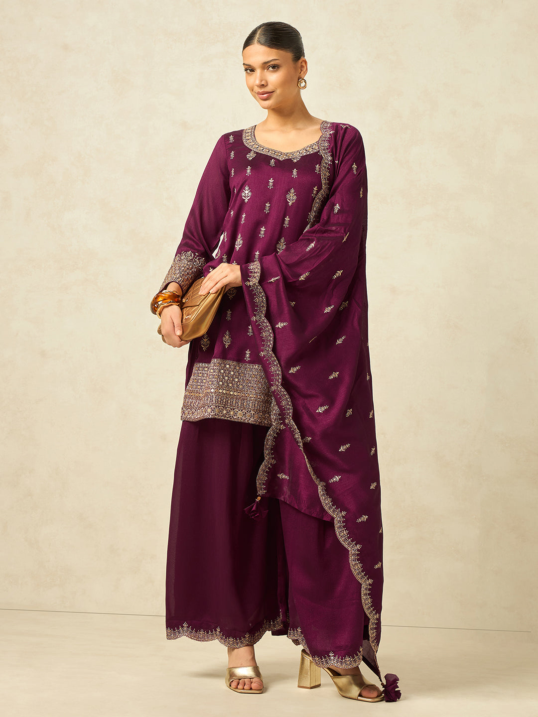 Women's Wine Silk Blend Embroidered Sharara set with dupatta , Straight Kurta Sharara Set with Dupatta
