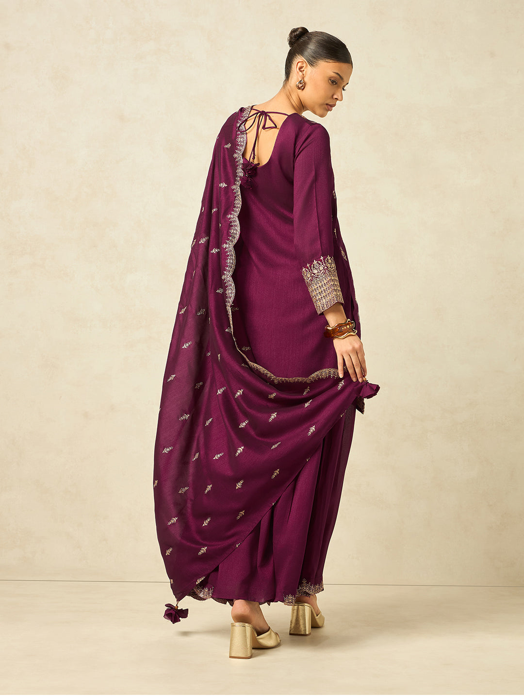 Women's Wine Silk Blend Embroidered Sharara set with dupatta , Straight Kurta Sharara Set with Dupatta