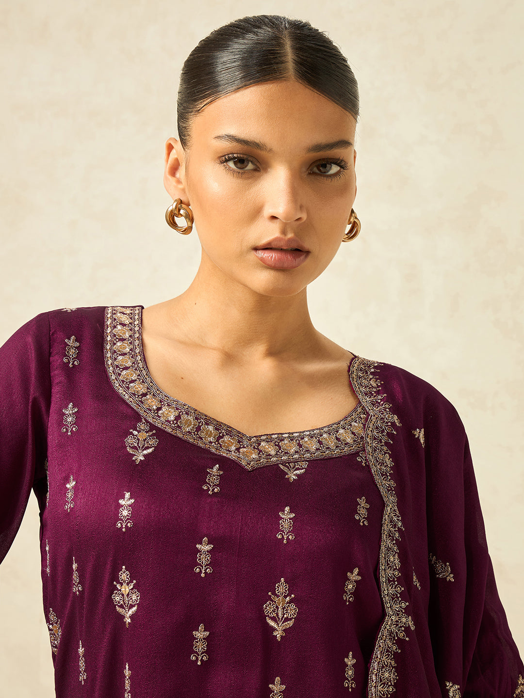 Women's Wine Silk Blend Embroidered Sharara set with dupatta , Straight Kurta Sharara Set with Dupatta