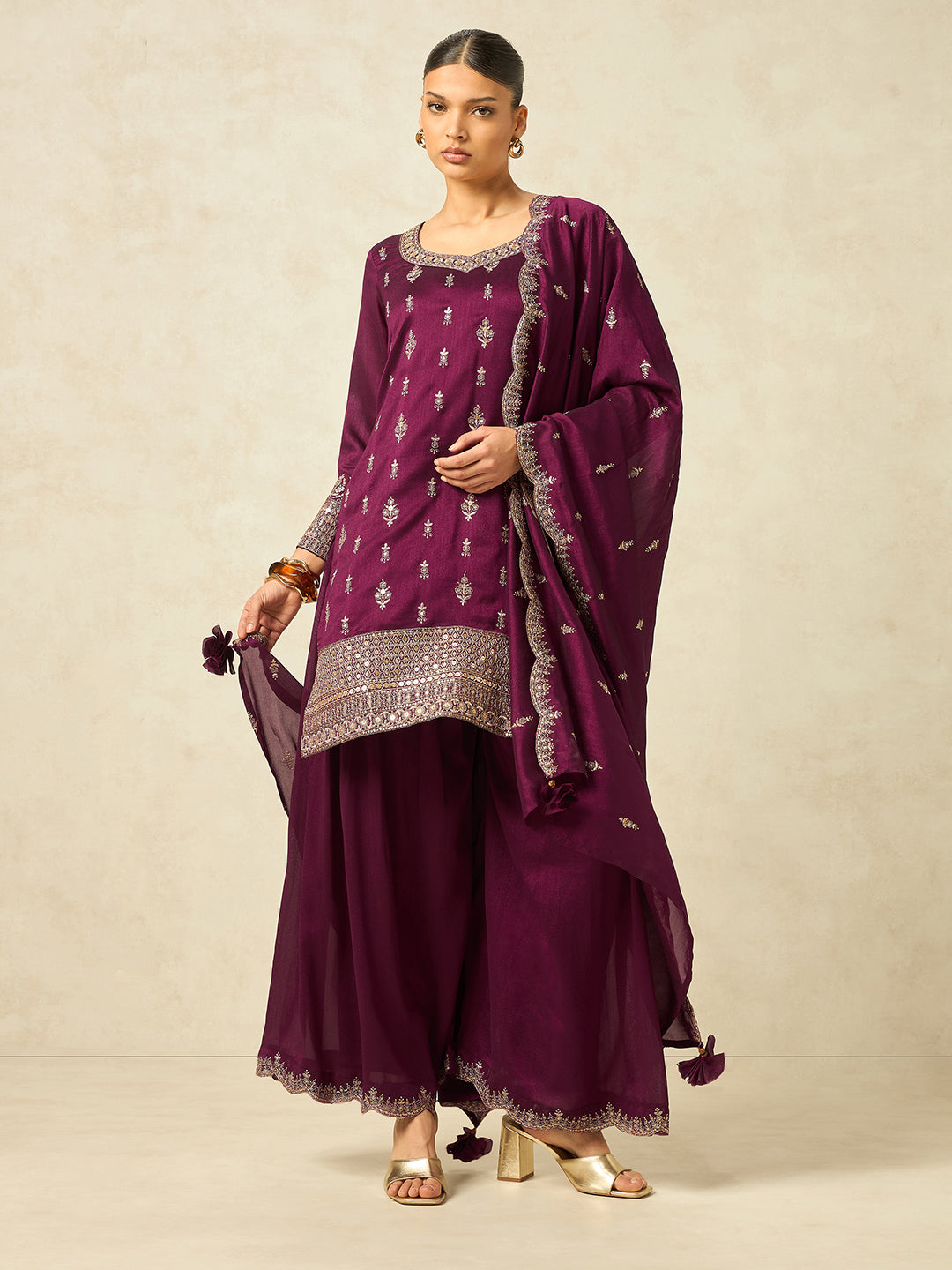 Women's Wine Silk Blend Embroidered Sharara set with dupatta , Straight Kurta Sharara Set with Dupatta