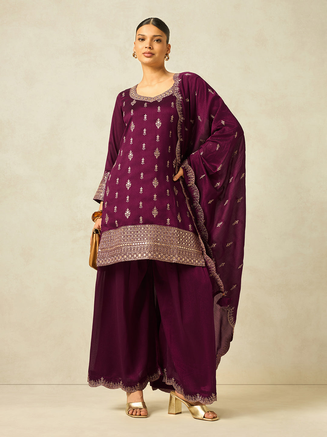Women's Wine Silk Blend Embroidered Sharara set with dupatta , Straight Kurta Sharara Set with Dupatta