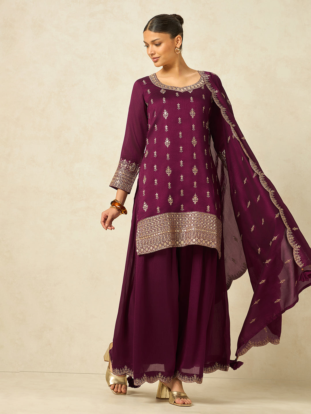 Women's Wine Silk Blend Embroidered Sharara set with dupatta , Straight Kurta Sharara Set with Dupatta