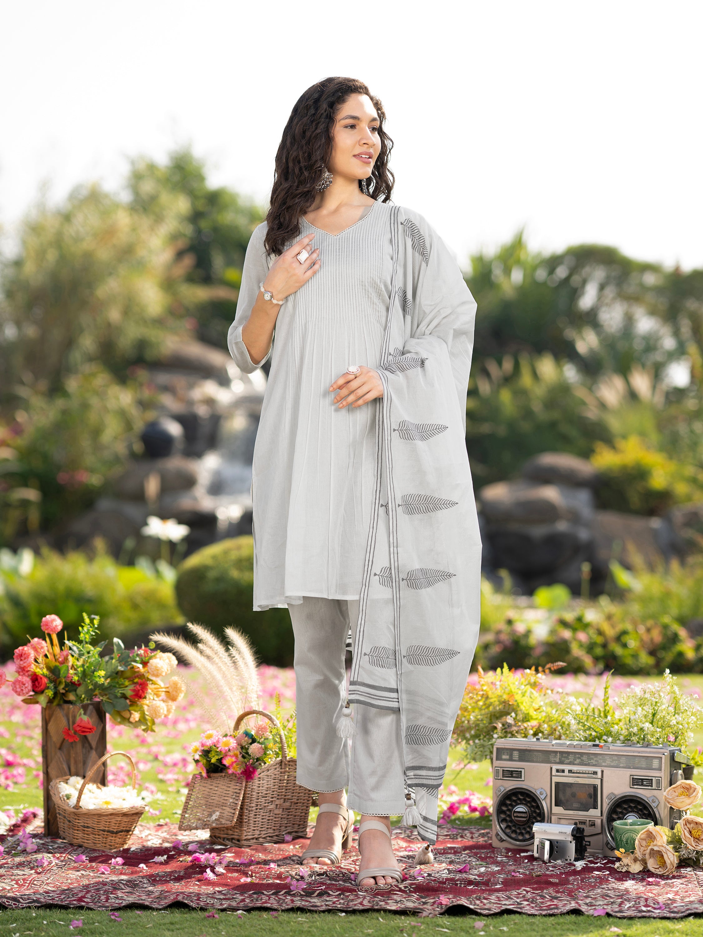 Grey Solid Pure Mul Cotton Kurta set with dupatta