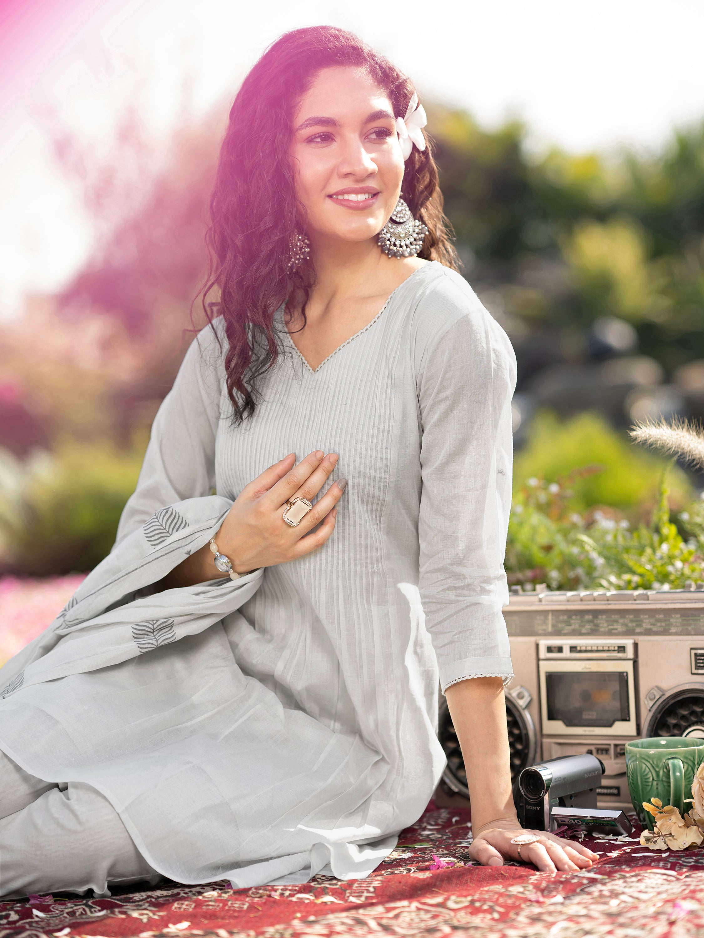 Grey Solid Pure Mul Cotton Kurta set with dupatta