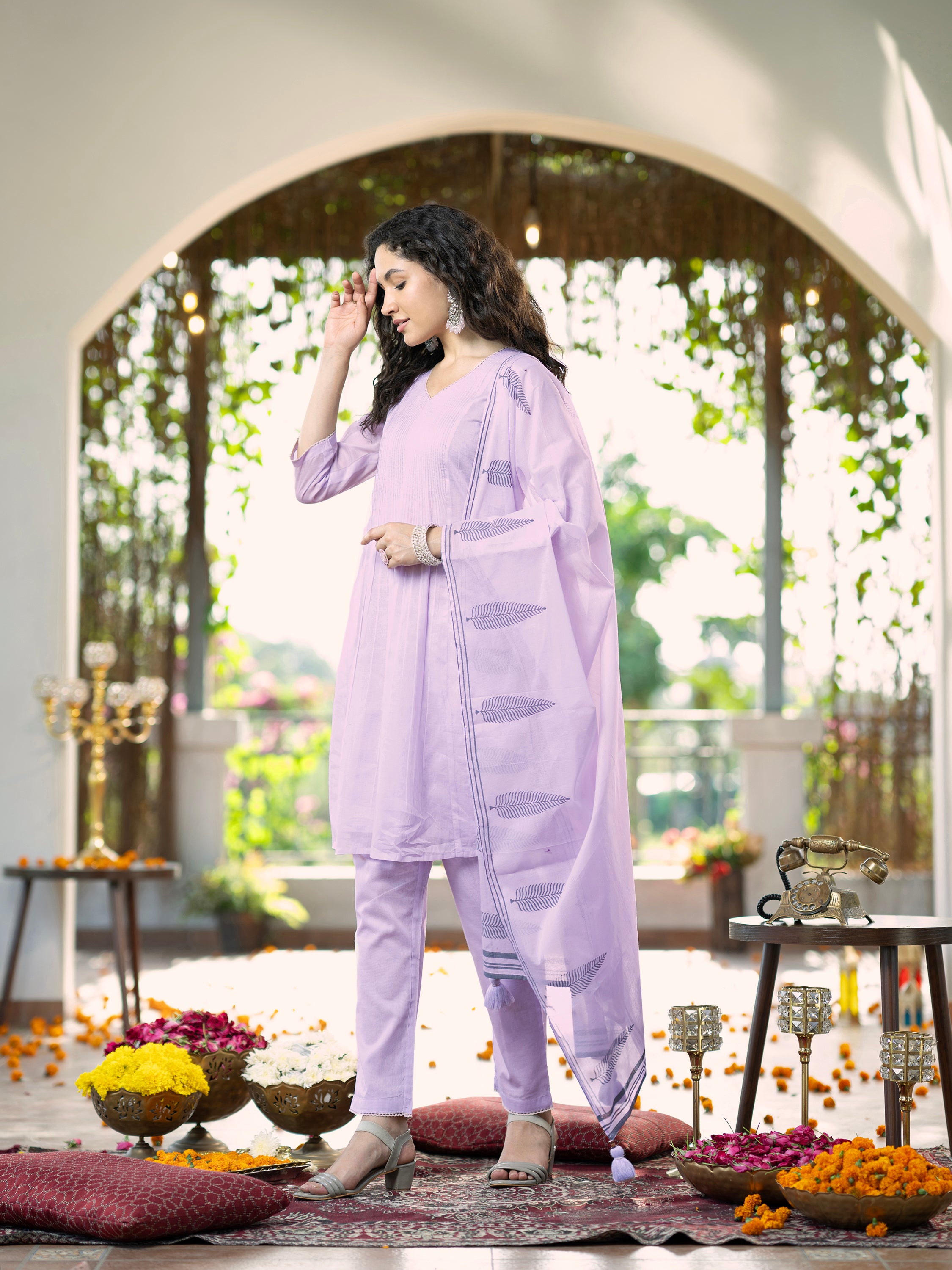 Lavender Solid Pure Mul Cotton Kurta set