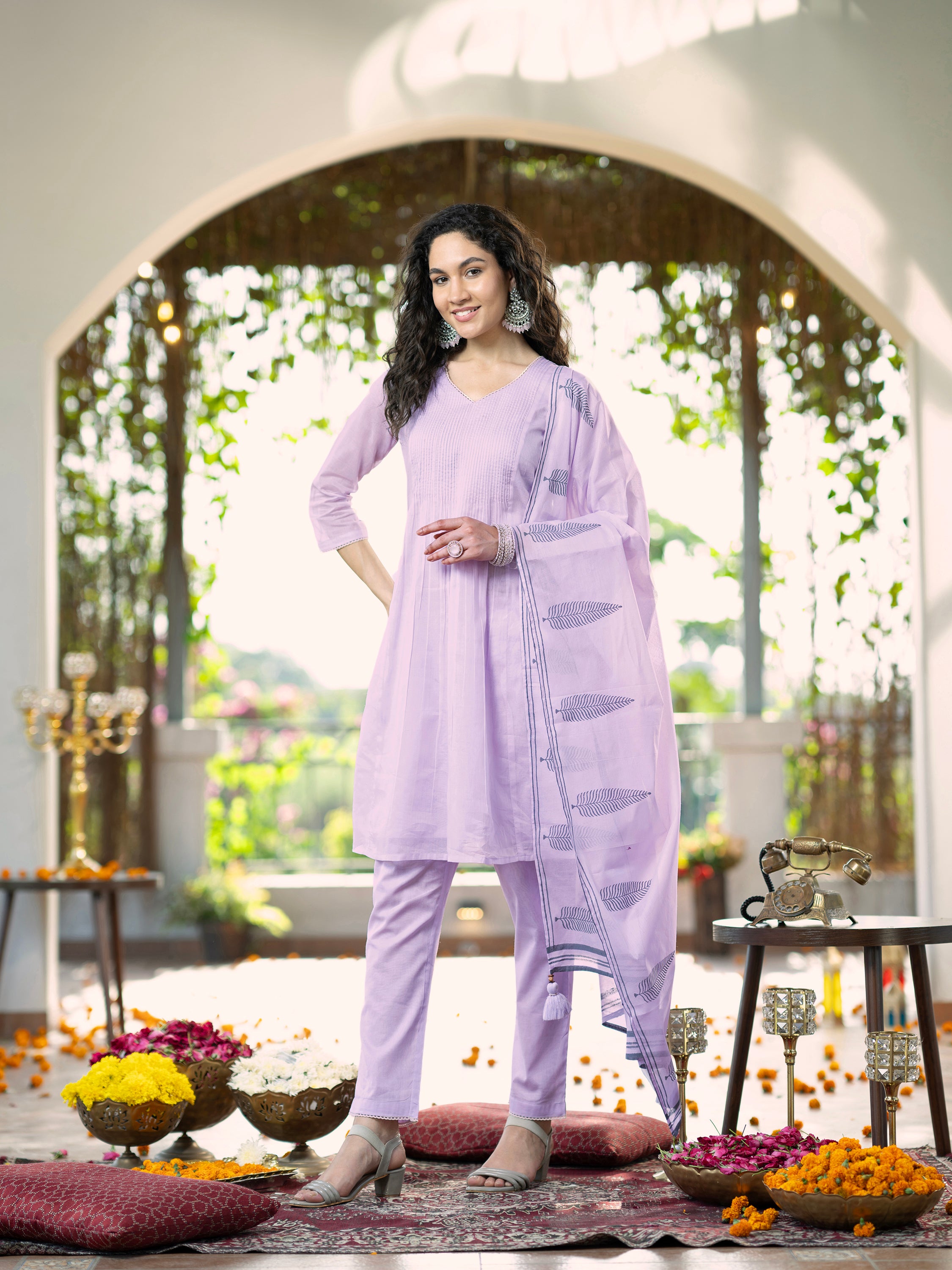 Lavender Solid Pure Mul Cotton Kurta set