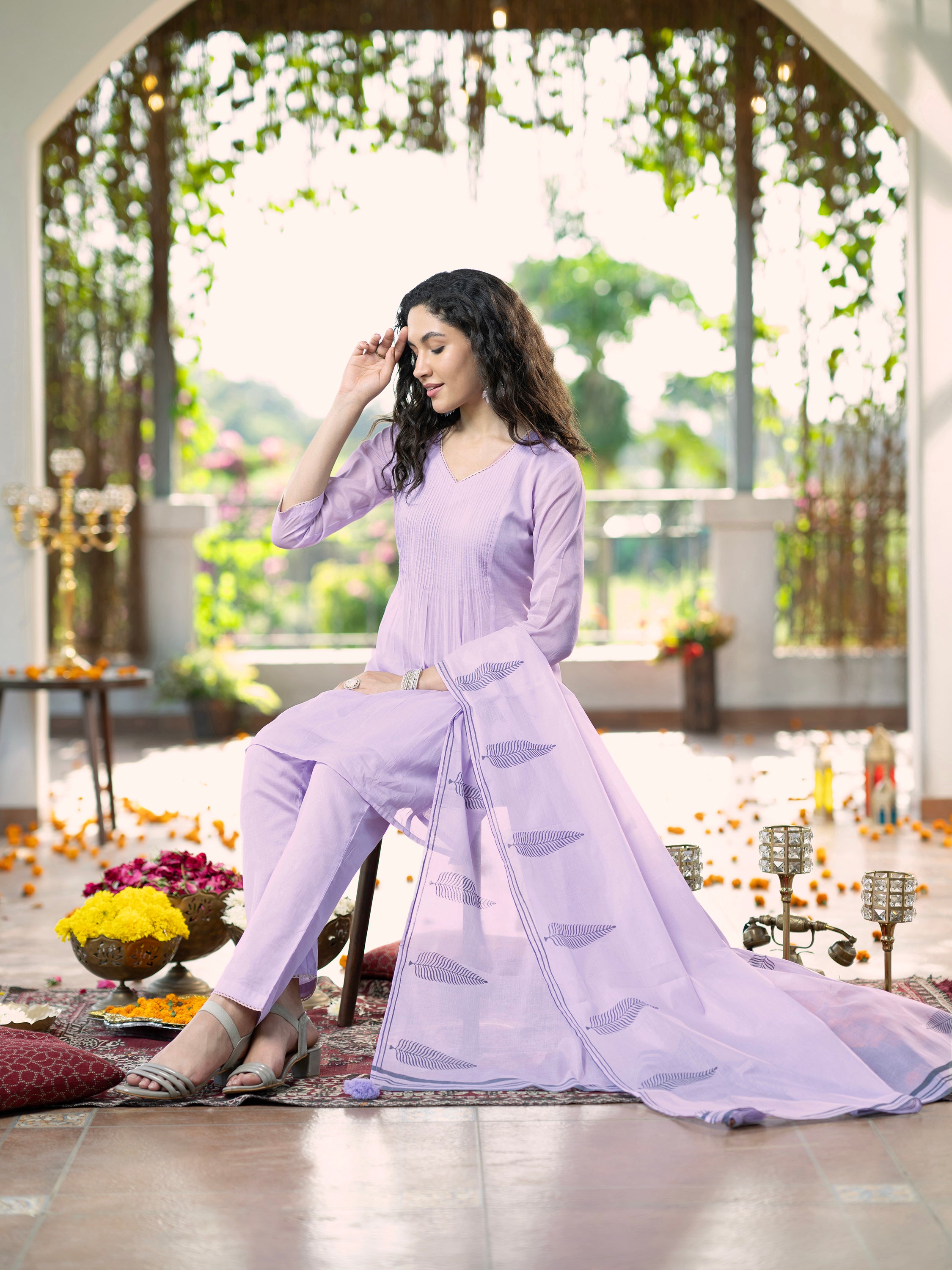 Lavender Solid Pure Mul Cotton Kurta set