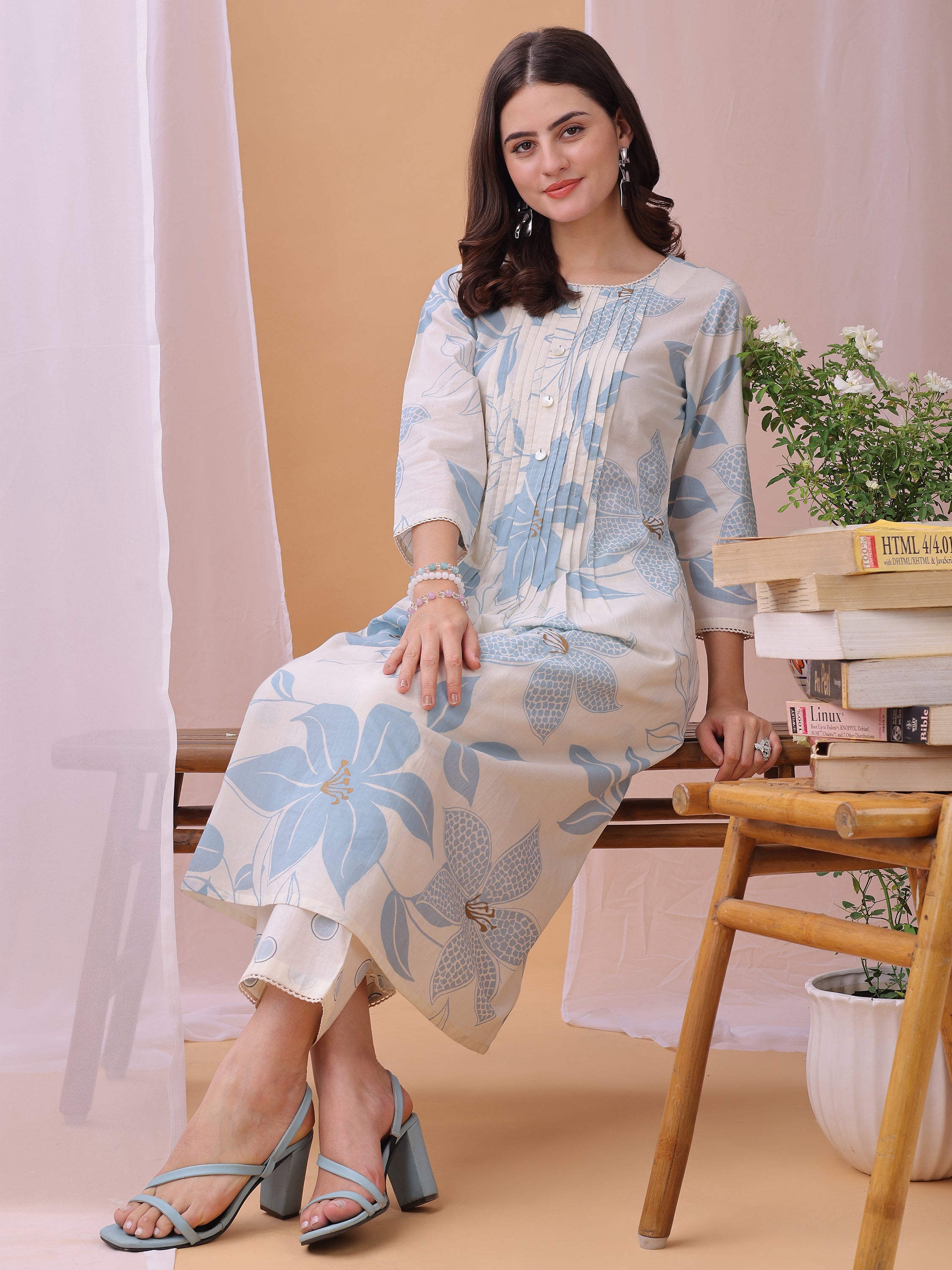 Blue Pure Cambric Cotton Printed Floral A-line Kurta with Pant