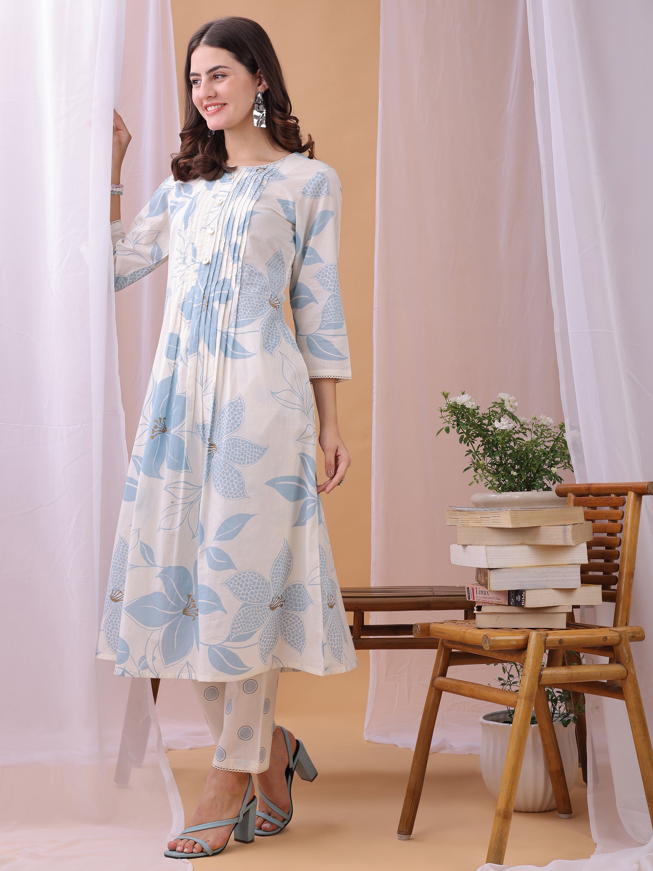 Blue Pure Cambric Cotton Printed Floral A-line Kurta with Pant