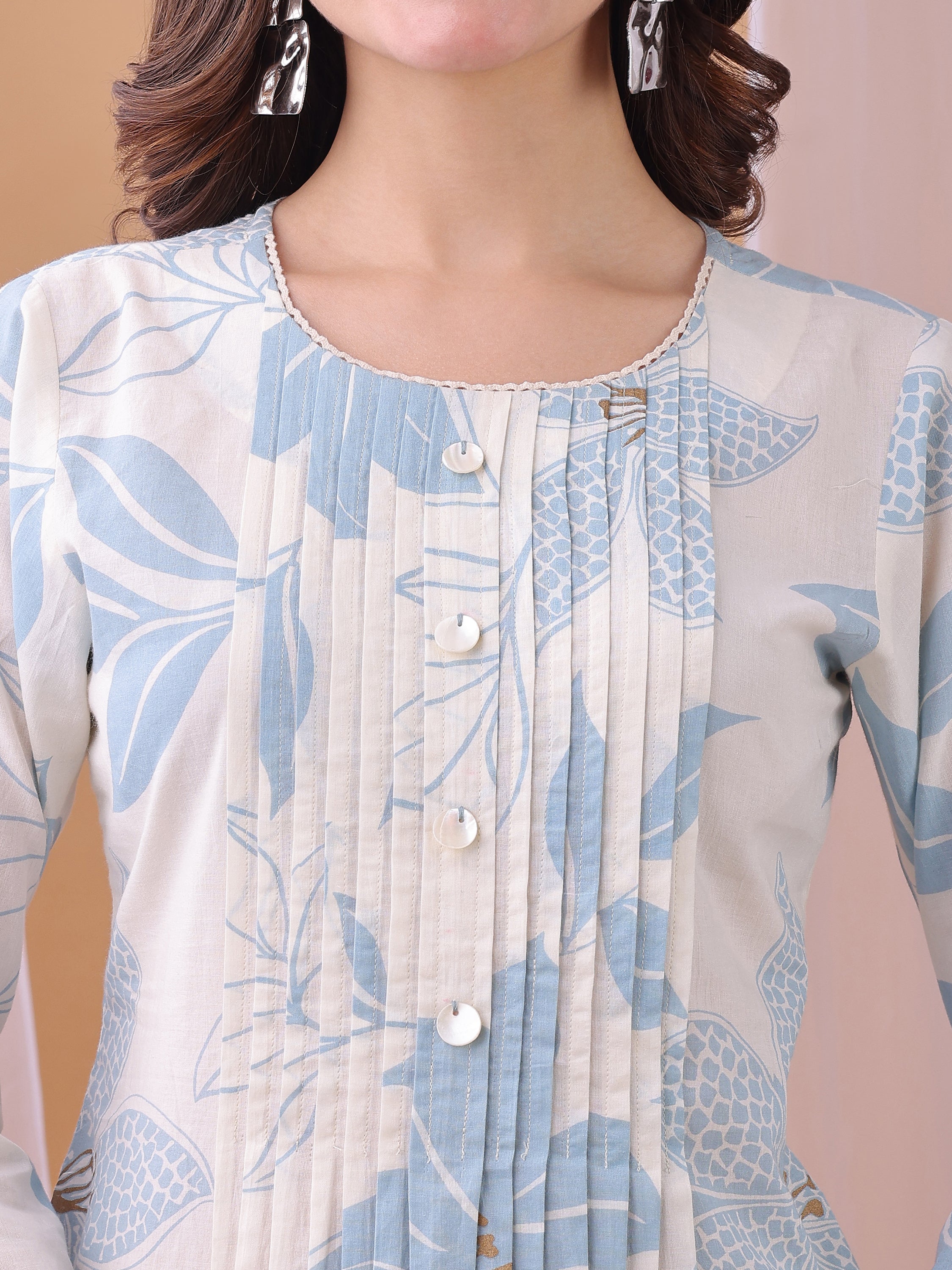 Blue Pure Cambric Cotton Printed Floral A-line Kurta with Pant