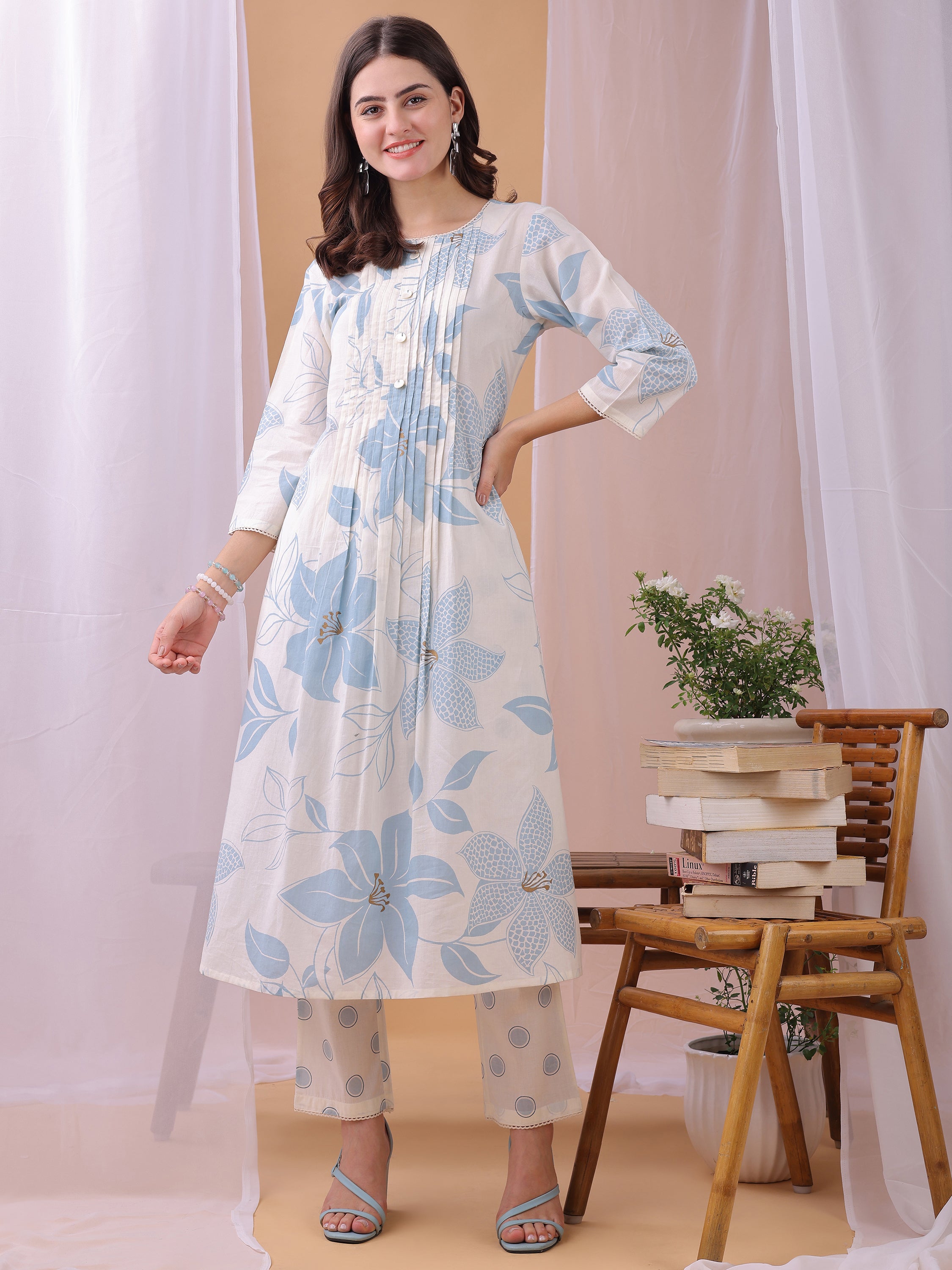 Blue Pure Cambric Cotton Printed Floral A-line Kurta with Pant