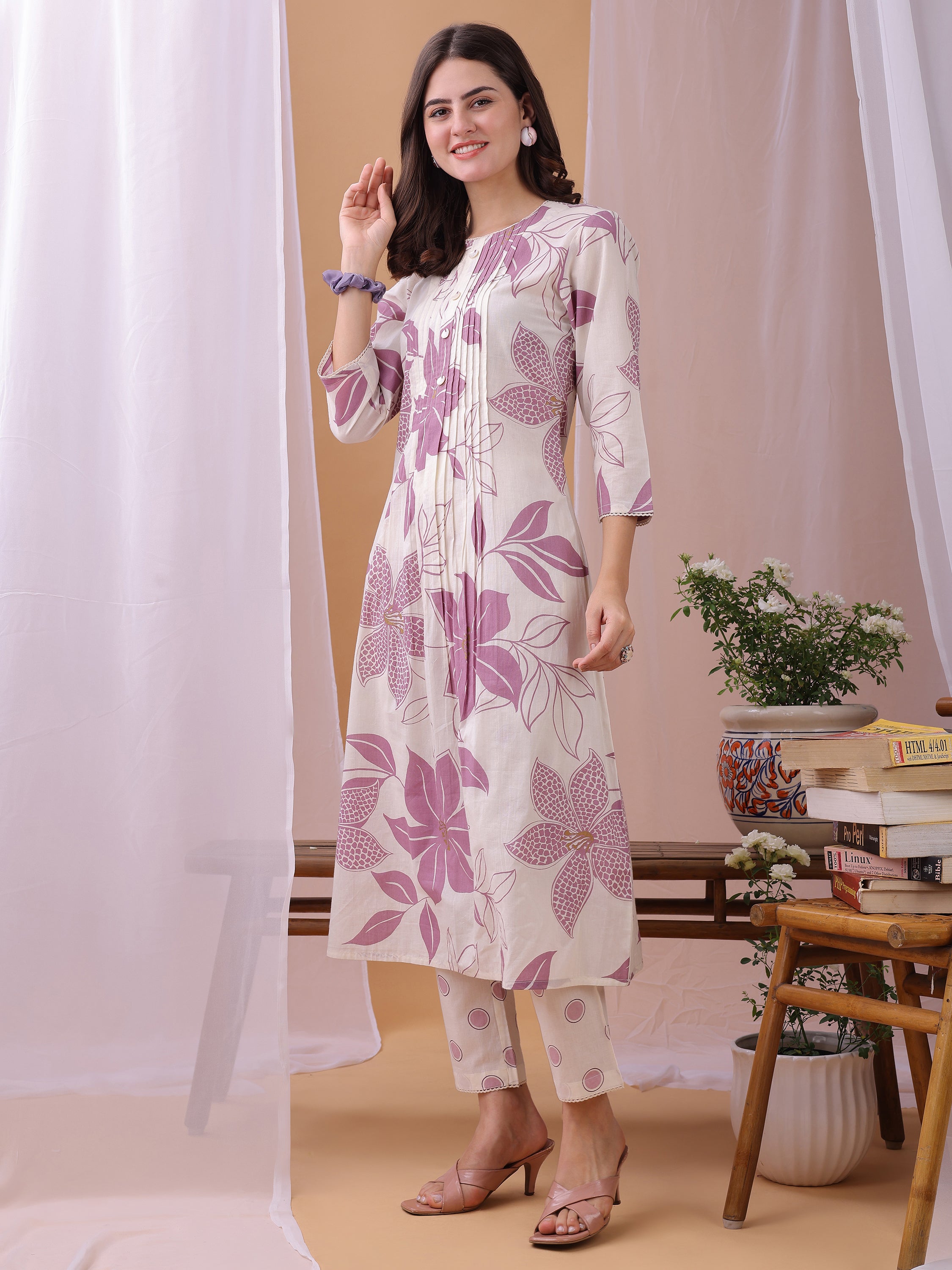 Lavender Pure Cambric Cotton Printed Floral A-line Kurta with Pant