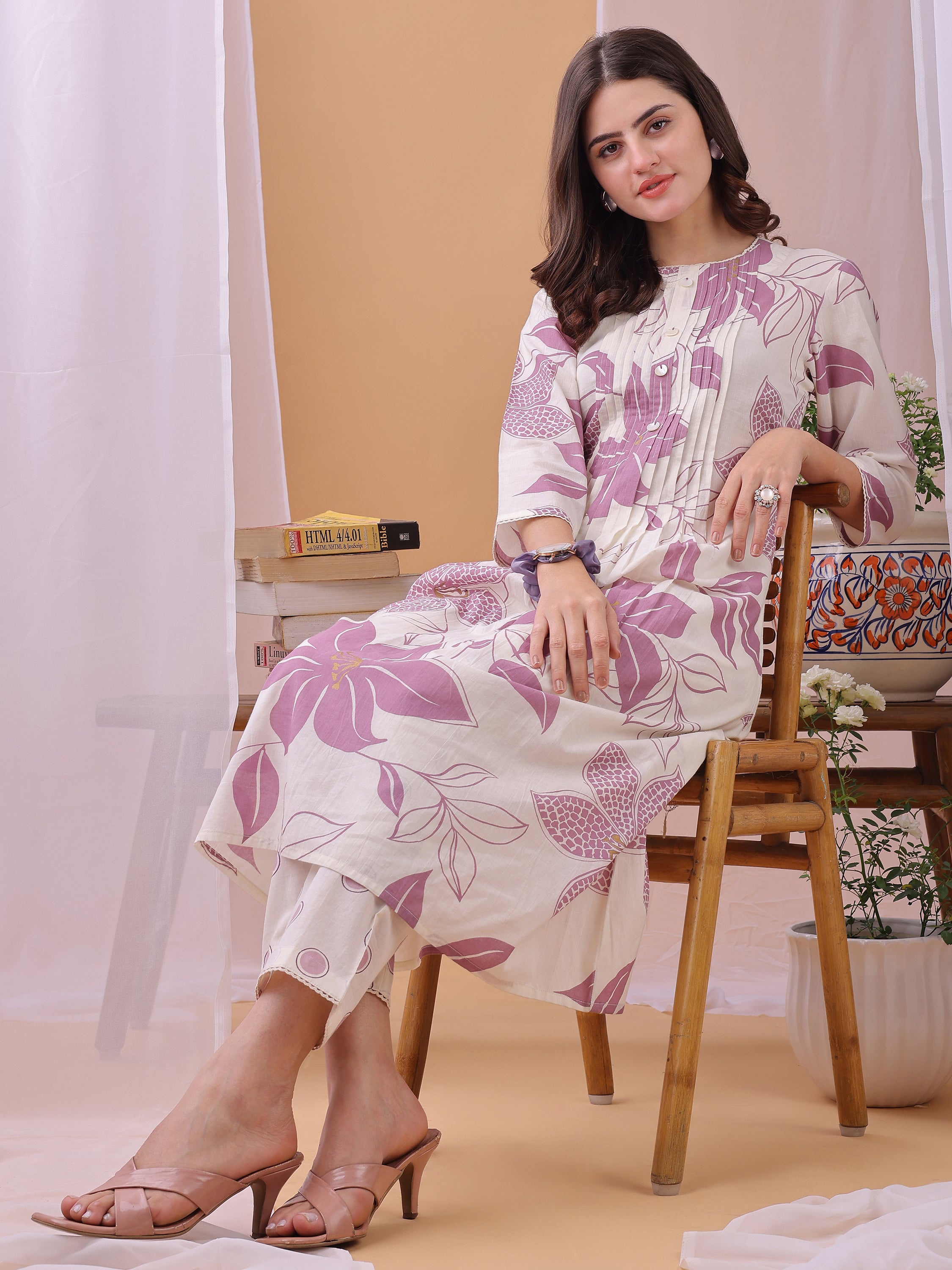 Lavender Pure Cambric Cotton Printed Floral A-line Kurta with Pant