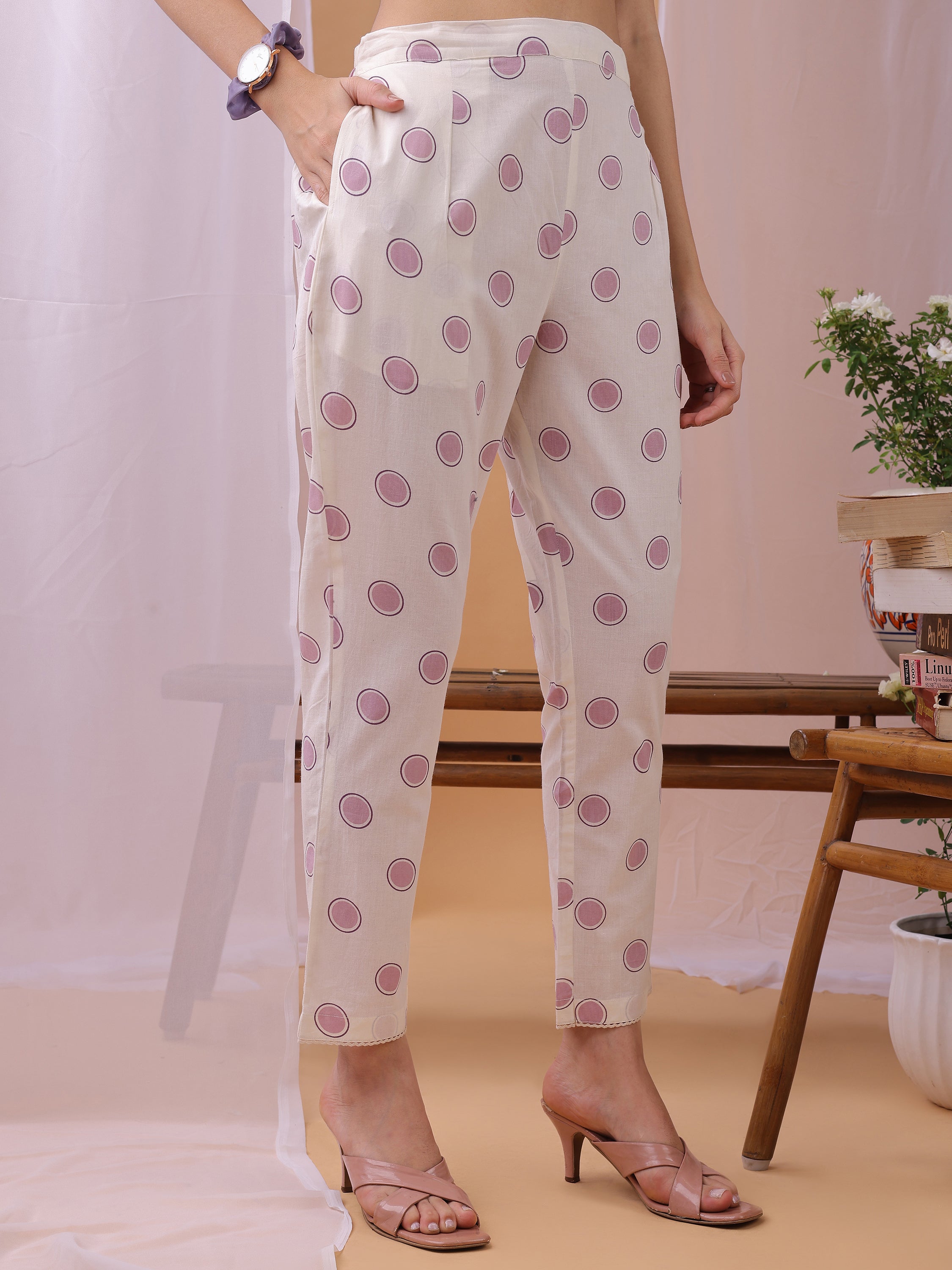 Lavender Pure Cambric Cotton Printed Floral A-line Kurta with Pant